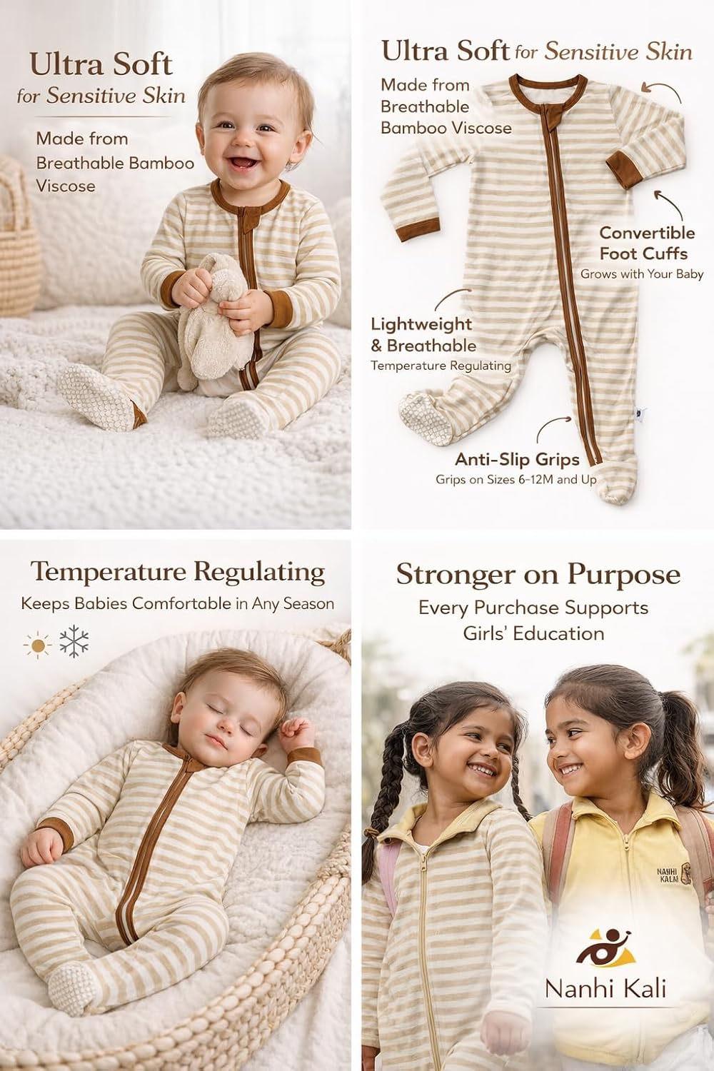 Baby Footie PJs, 2-Way Zipper, Long Sleeve, Unisex, Viscose from Bamboo and Spandex, 0-18 Months