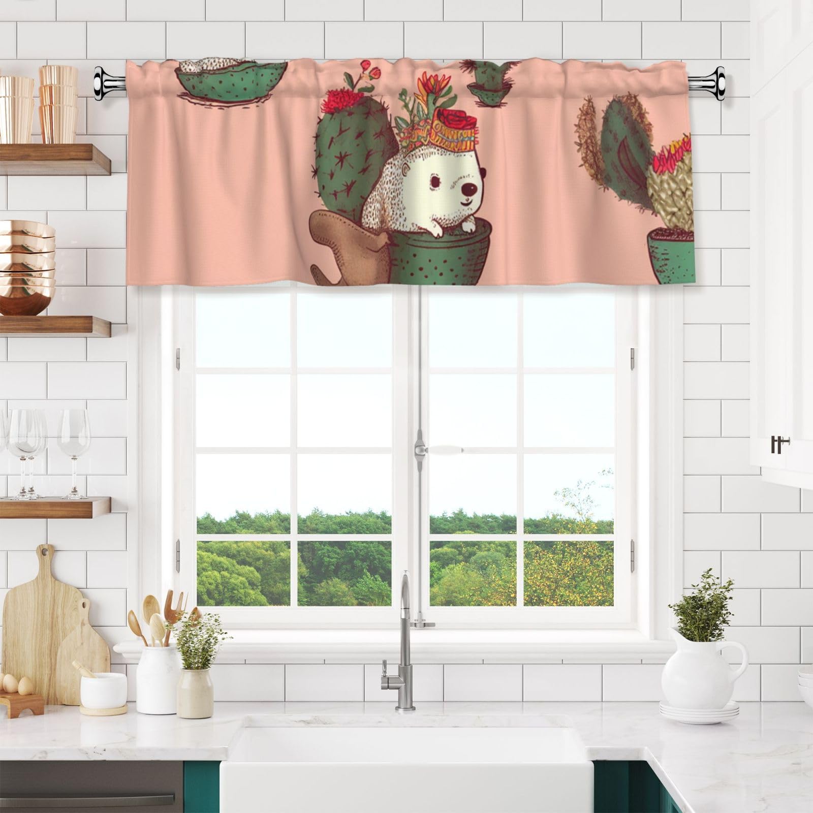 NONHAI Hedgehog and Cactus Valances for Windows Short Curtains Rod Pocket Cafe Window Treatments Valance Curtains for Kitchen Bathroom Laundry Basement Windows 54x18inch Blackout Window Valance