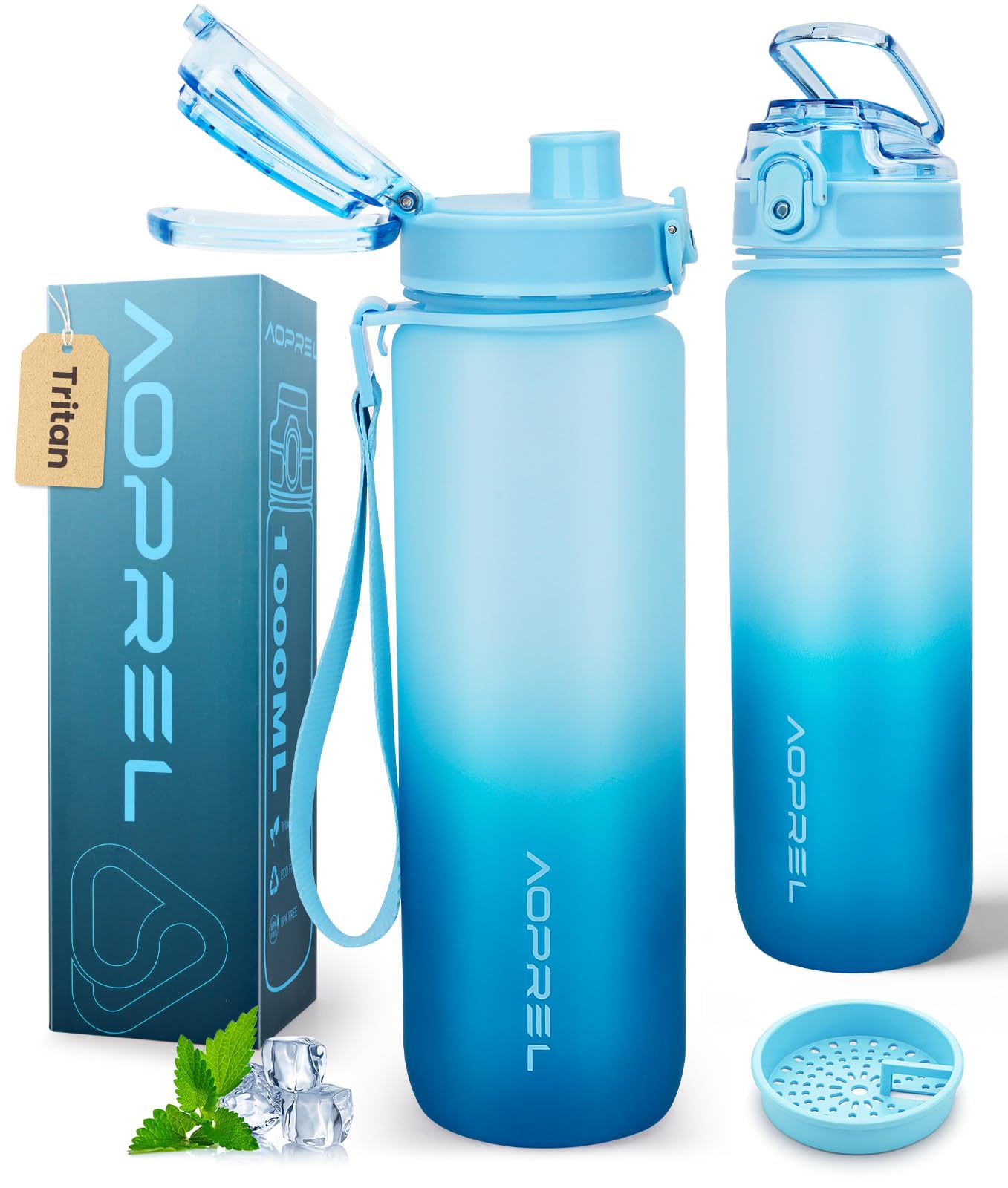Aoprel Sky Blue Leakproof Water Bottle 1L/650Ml With Time Marker, Bpa-Free Tritan