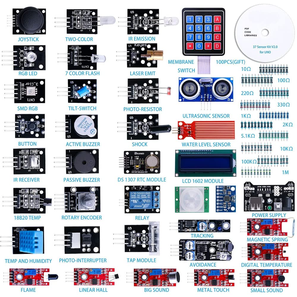 MMOBIEL 37 en 1 Kit de modules de capteurs. Jeu Complet pour la Plupart des Ordinateurs monocartes. Compatible avec l'IDE Arduino UNO R3 Méga Nano incluant Un tutoriel.