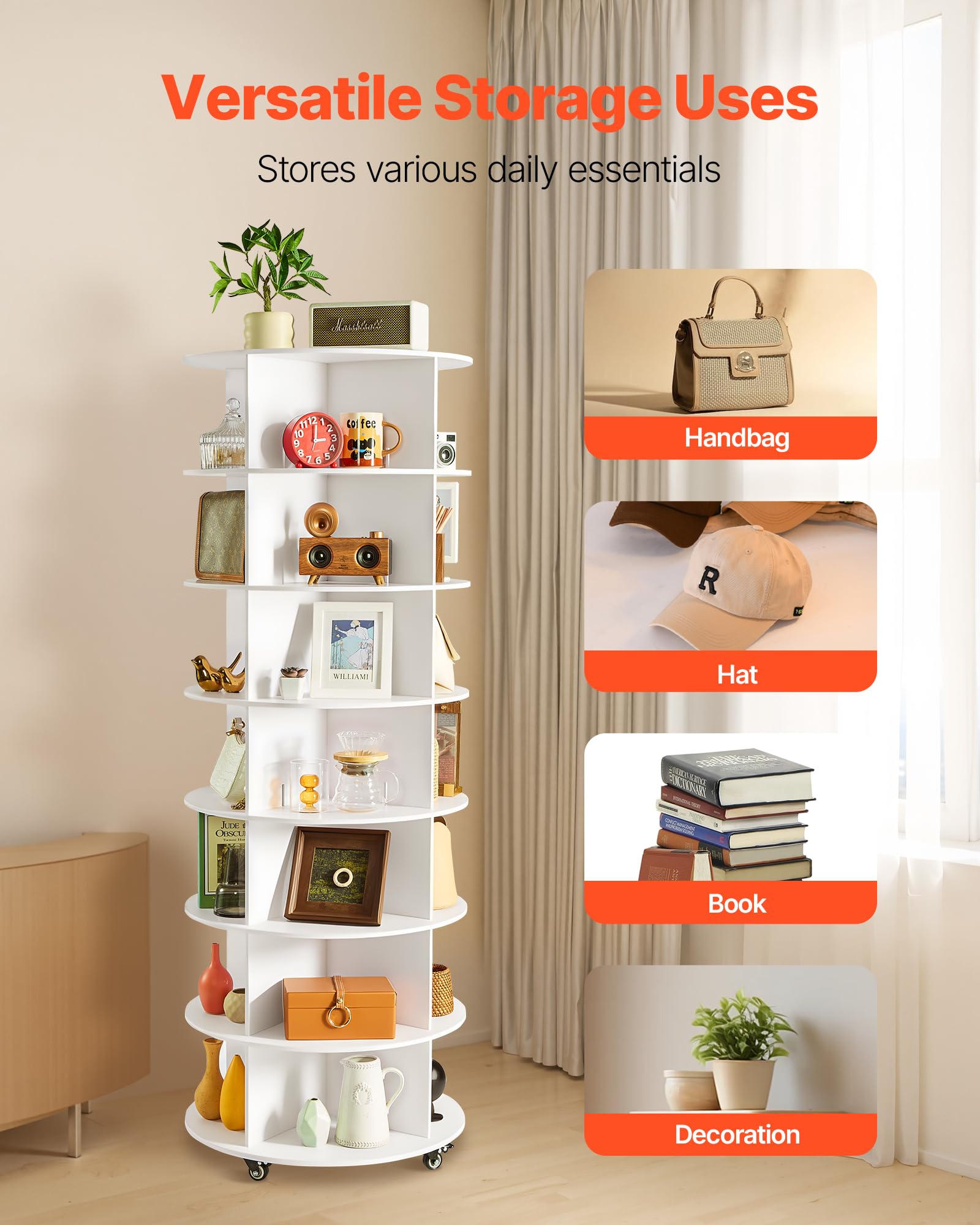 VEVOR Carosello Portascarpe Supporto Girevole a 360° 598 x 598 x 1670 mm per 28 Paia di Scarpe 7 Ripiani, Portascarpe con Ruote, Ripiano per Scarpe per Camera da Letto, Soggiorno, Ingresso, Bianco