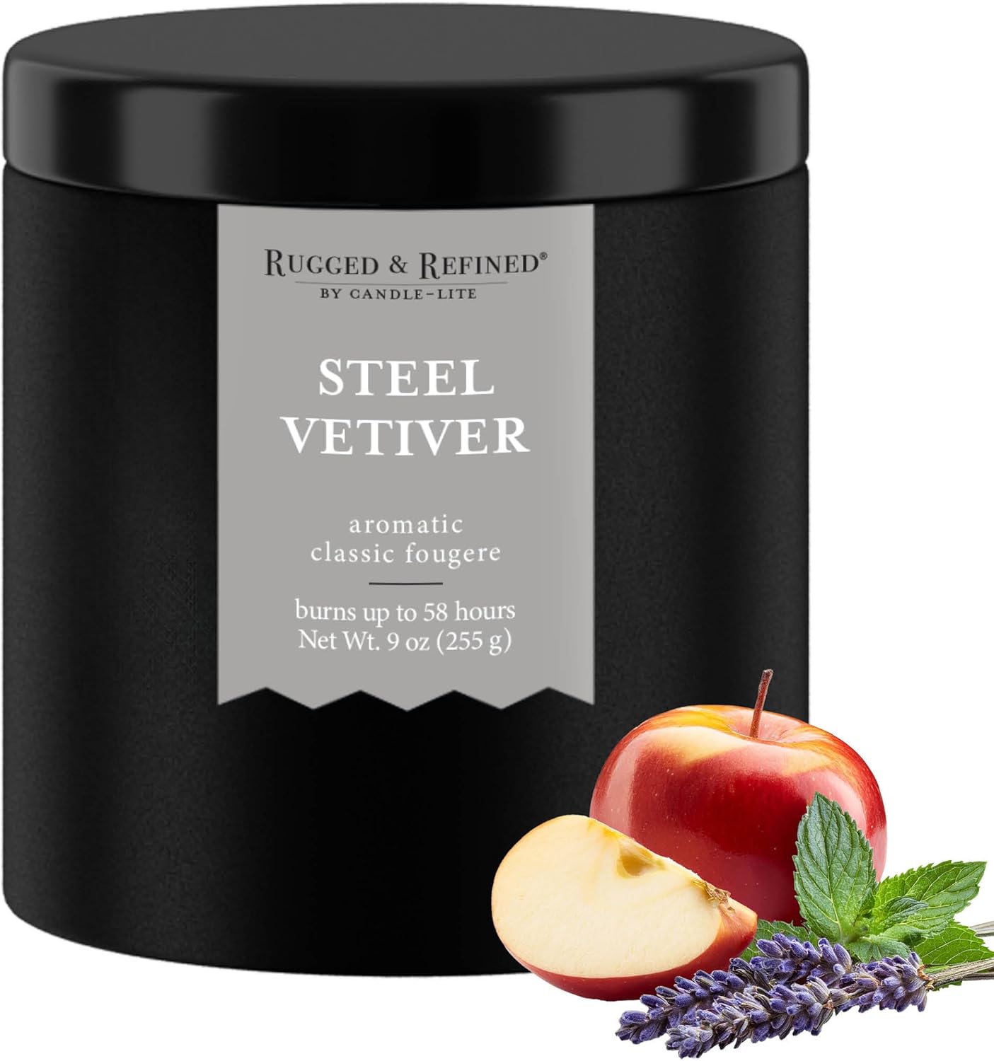Candle-lite Rugged & Refined Scented Candle for Men, Steel Vetiver, 9 oz Tin, Poured in The USA, Masculine Fragrance, 1-Wick, 58 Hours of Burn Time, Ideal Gift for Man in Your Life & Father's Day