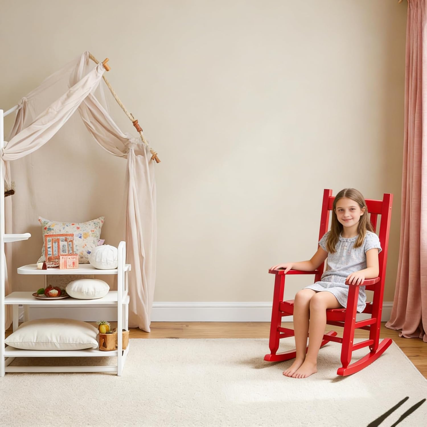 Kid Rocking Chair Toddler Small Baby Wooden Child Comfy Rocker Chairs Furniture for Nursery Bedroom Livingroom Outdoor Reading Room, Ages 6-10, Red