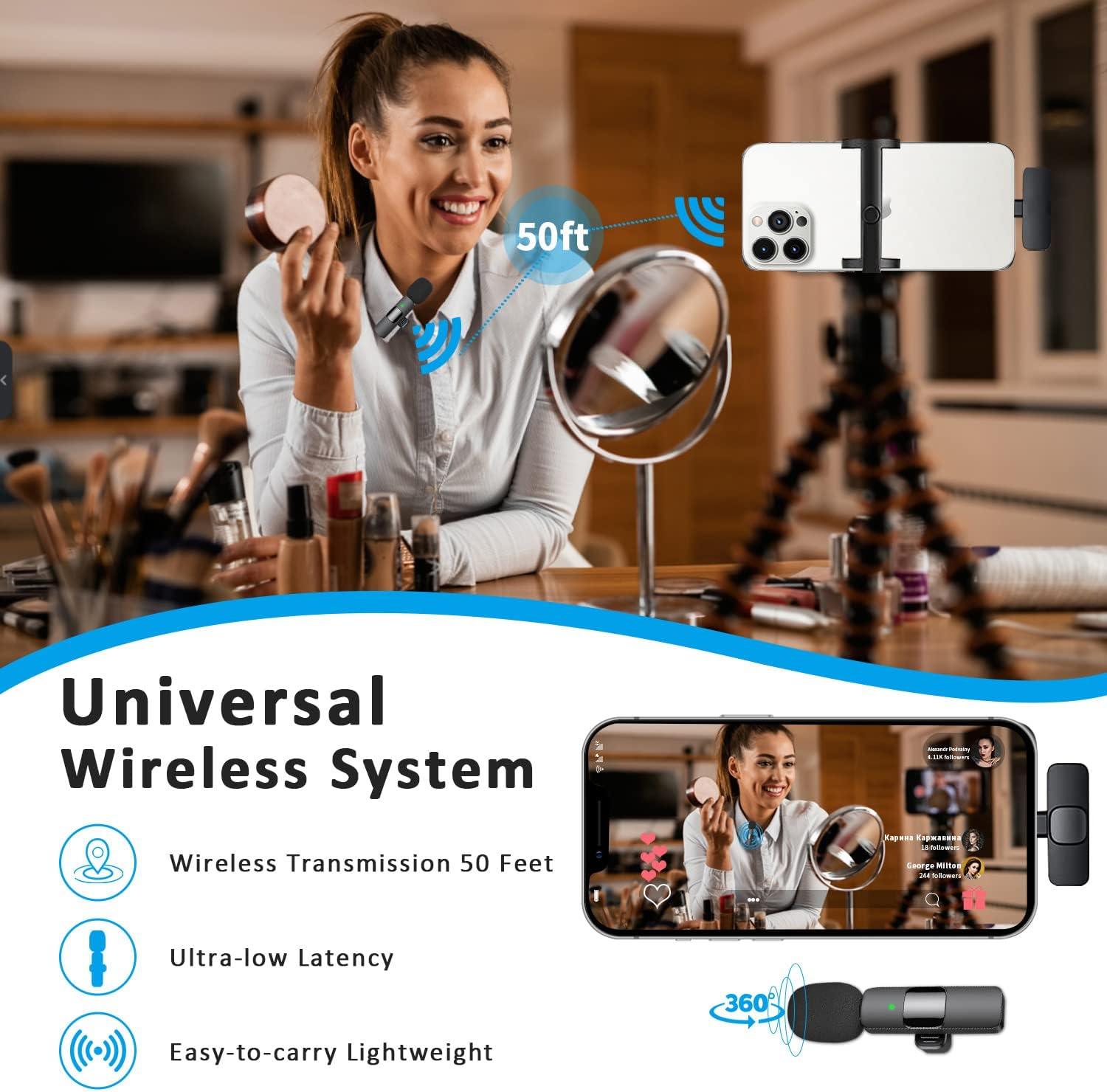 MAYBESTA Professional Wireless Lavalier Lapel Microphone for iPhone, iPad - Cordless Omnidirectional Condenser Recording Mic for Interview Video Podcast Vlog YouTube : Musical Instruments