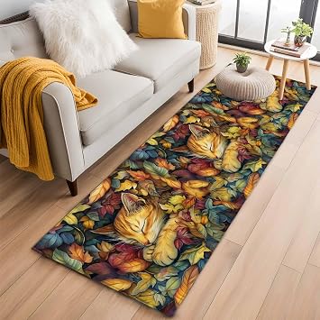 Fall Kitchen Runner Rug 2x6 Washable Runners for Hallway Non Slip Thanksgiving Country Watercolor Cat Maple Leaf Large Area Rug Indoor Floor Carpet for Bathroom Laundry Entryway Bedroom Living Room