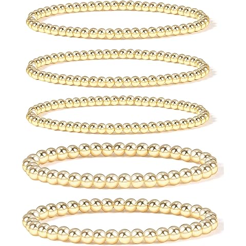 Badu Gold Plate Bead Bracelet for Women 14K Gold Plated Bead Ball Bracelet Stretchable Elastic Hypoallergenic Bohemian Stackable