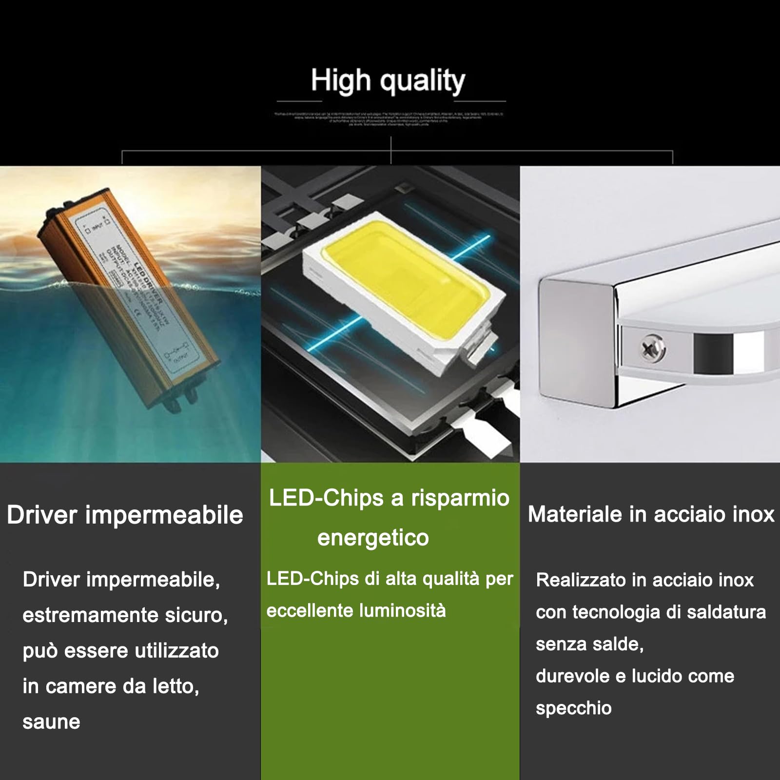 Lampada da Specchio per Bagno 42cm 9W - Lampada da Parete in Acciaio Inox, LED 4000K 6000K (Bianco Freddo)