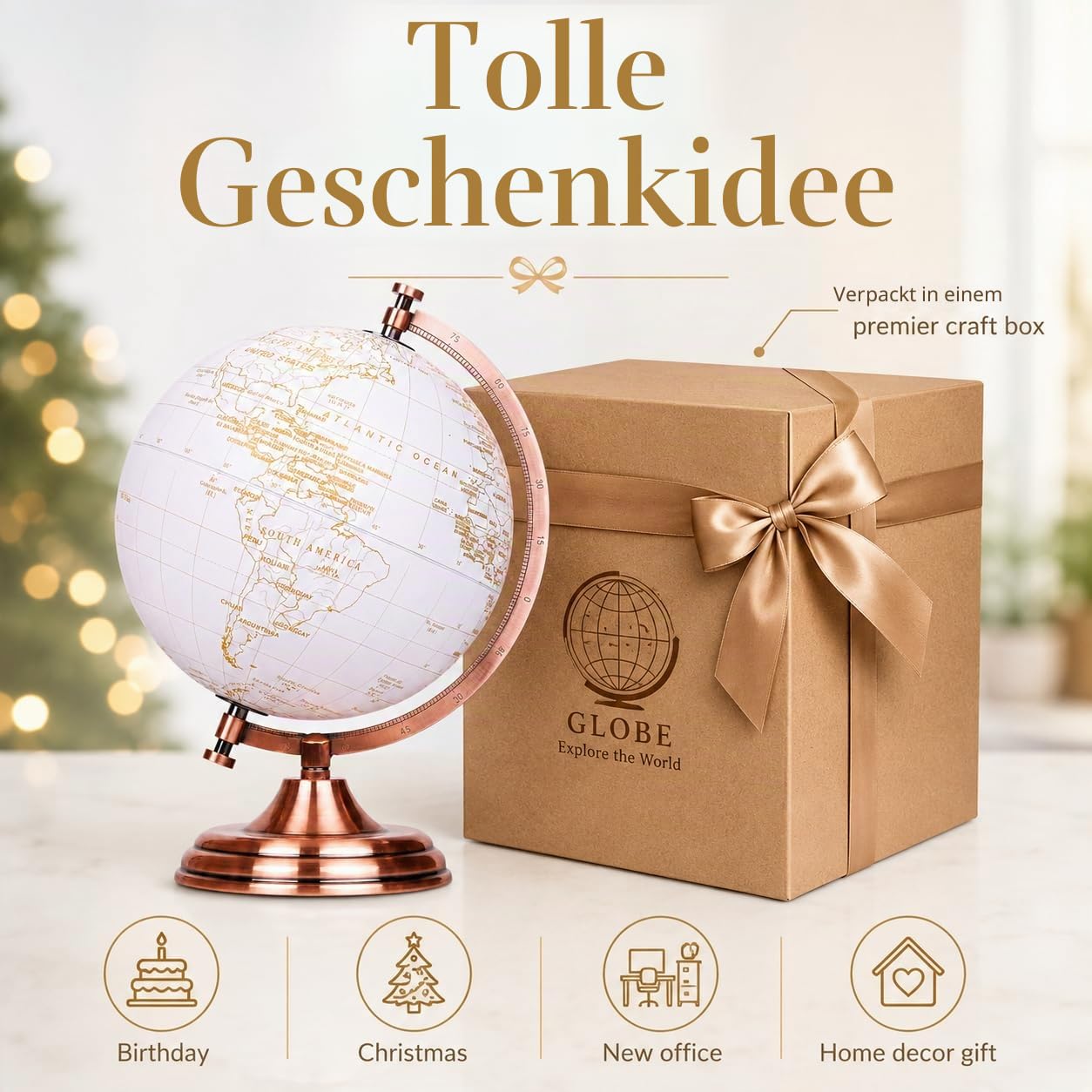 Exerz 20cm Globus Golden Farbe Metallisch - Pädagogische, Geografische, Moderne Desktop-Dekoration - Metallbogen Und -Basis, In Goldener Farbe Beschichtet - Englische Karte