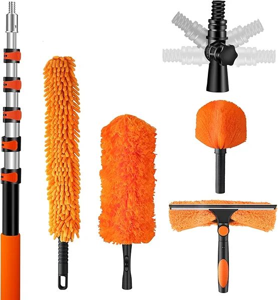 30ft High Reach Duster Kit with Extendable Pole (5-24ft),High Ceiling Duster Kit Includes–Ceiling Fan Blade Cleaner, Cobweb Remover, Bendable Duster, Microfiber Glass Scrubber & Squeegee & Swivel Head