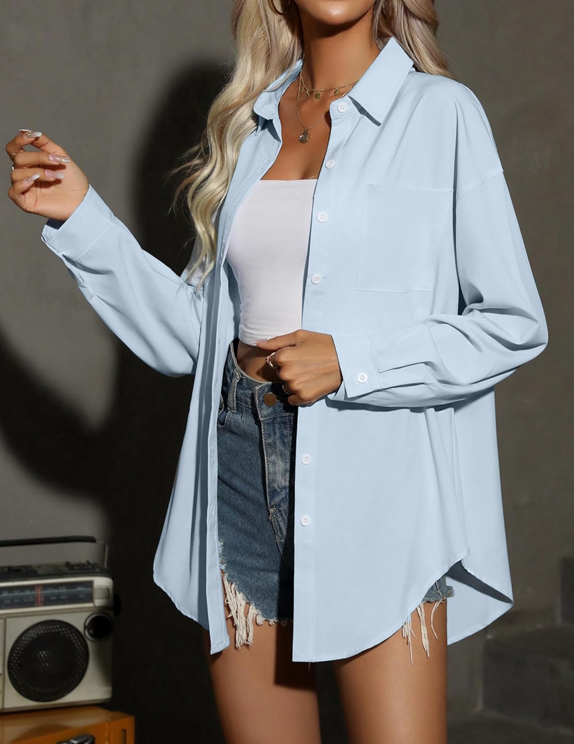 HOTOUCH Women Oversized Button Down Shirts Office Drop Shoulder Blouse Long Sleeve Boyfriend Dress Shirt with Pockets - Image 3