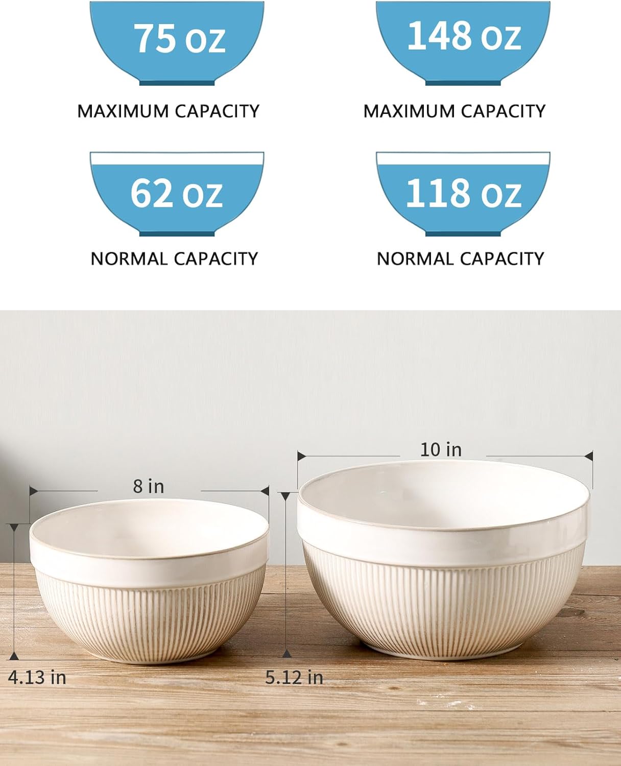 Ceramic Large Glazed White Stripe Mixing Bowls for Kitchen, Set of 2 Big Serving Bowls for Cooking, Popcorn, Salad, Soup, Baking, Dough Bread Making Bowl, 10 inch + 8 inch - Image 2
