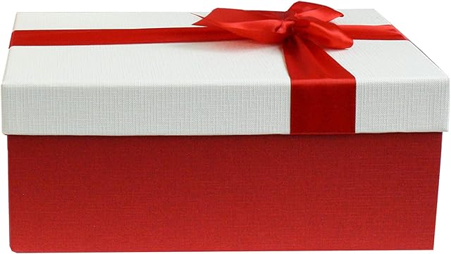 Emartbuy Gift Box, 28 x 18 x 13 cm Red Box with Cream Lid and Satin Decorative Bow Ribbon
