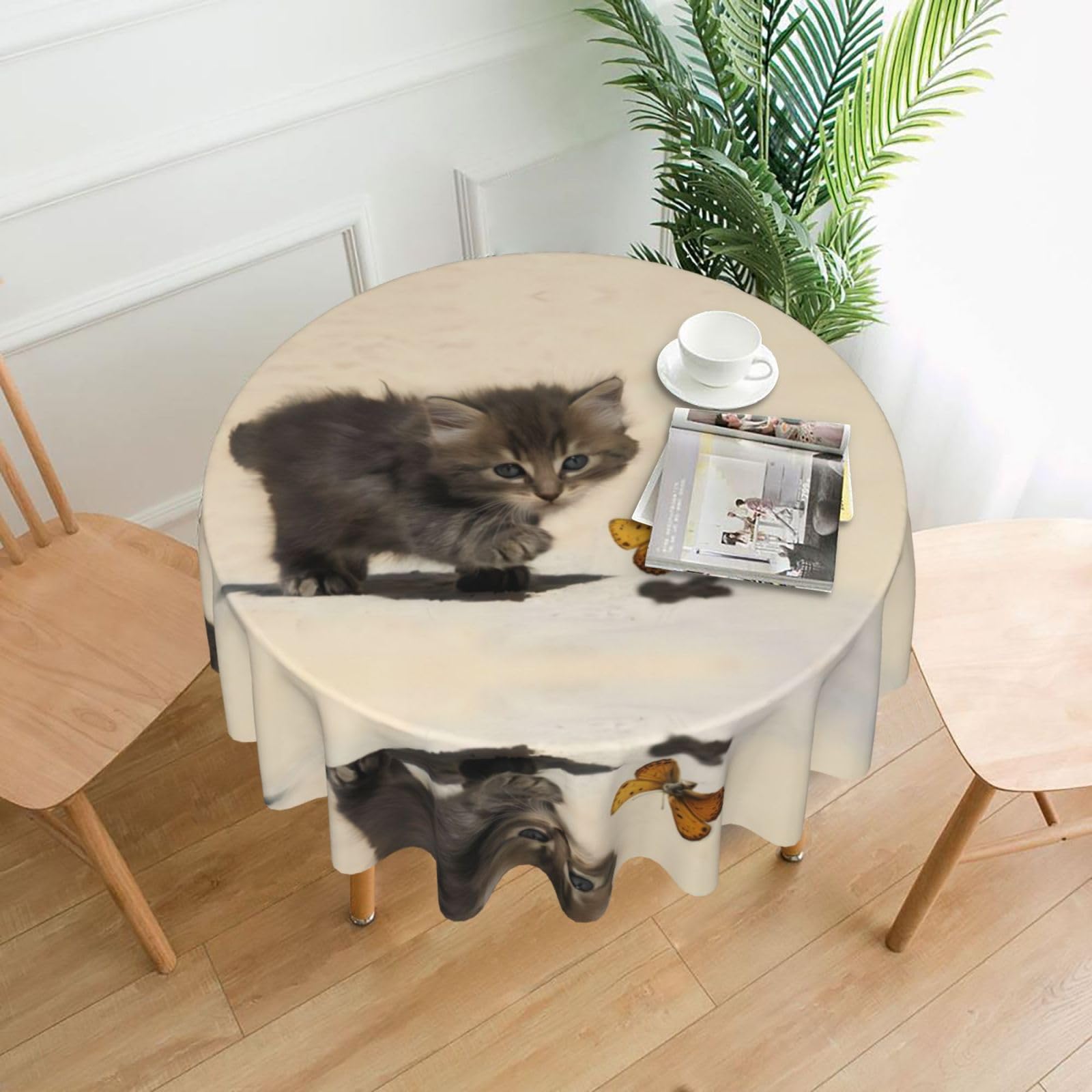 YYHWHJDE Cat And Butterfly Prints Round Decorative Table Throw 60in – Waterproof Table Cover for Elegant Dining & Outdoor Gatherings