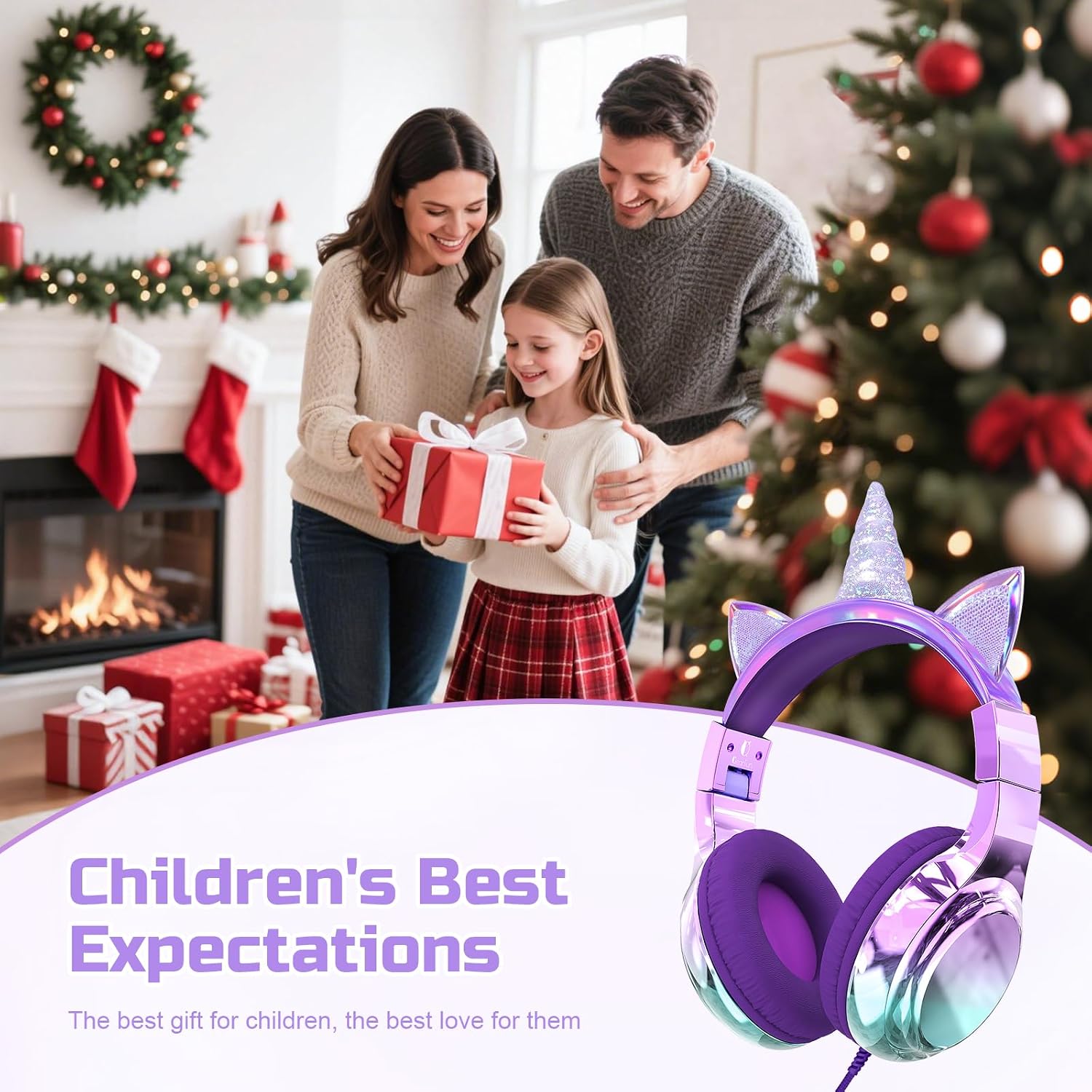 QearFun Kids Unicorn Headphones with Cord with Mic, 85/94dB Volume Limit