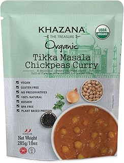 Khazana Organic Ready to Eat Meals - Tikka Masala Chickpeas Curry (Pack of 1, 10oz Pouches) - Non-GMO, Vegan, Gluten Free & Kosher - Authentic Indian Cuisine in 90 Seconds!