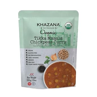 Khazana Organic Ready to Eat Meals - Tikka Masala Chickpeas Curry Pack of 1, 10oz Pouches - Non-GMO, Vegan, Gluten Free & Kosher - Authentic Indian Cuisine in 90 Seconds!