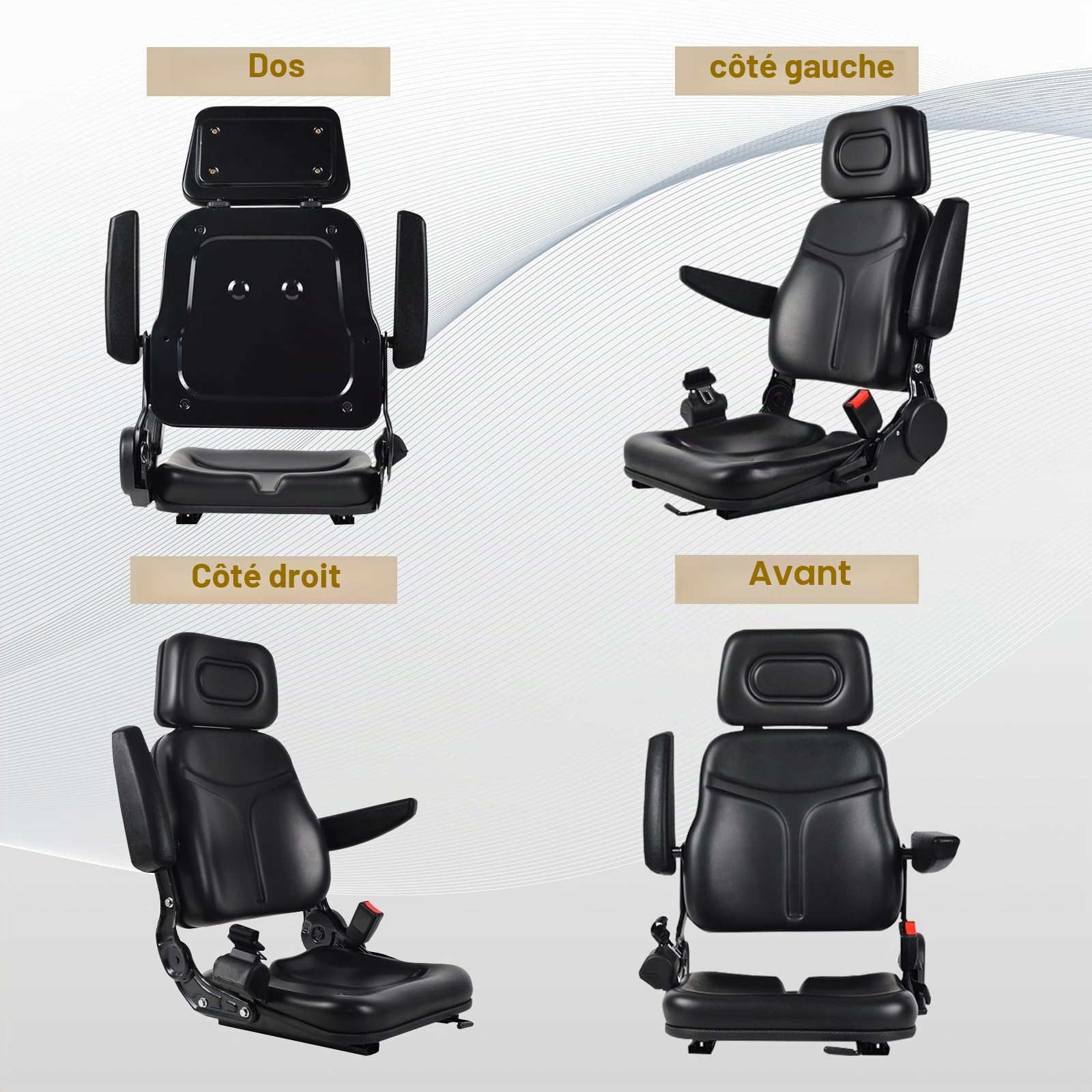 Siège universel pour chariot élévateur avec dossier réglable à 180 °, coulissant en PVC imperméable avec appuie-tête, accoudoirs, ceinture de sécurité, siège de tondeuse pour tracteur, pelleteuse