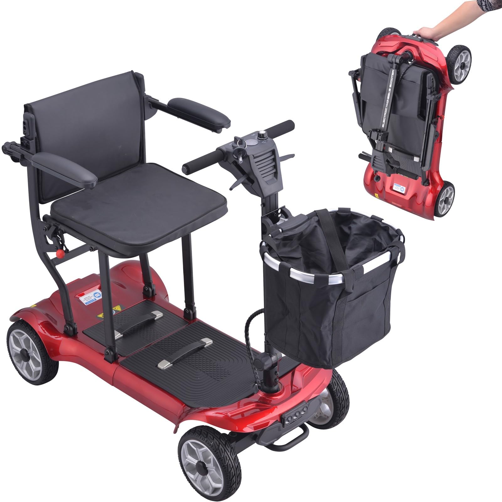 Scooter De Movilidad Portátil,Scooter De Movilidad Plegable,Scooter De Movilidad De 4 Ruedas,Con Baterías Extraíbles Duales,Incluye Canasta De Almacenamiento Frontal red