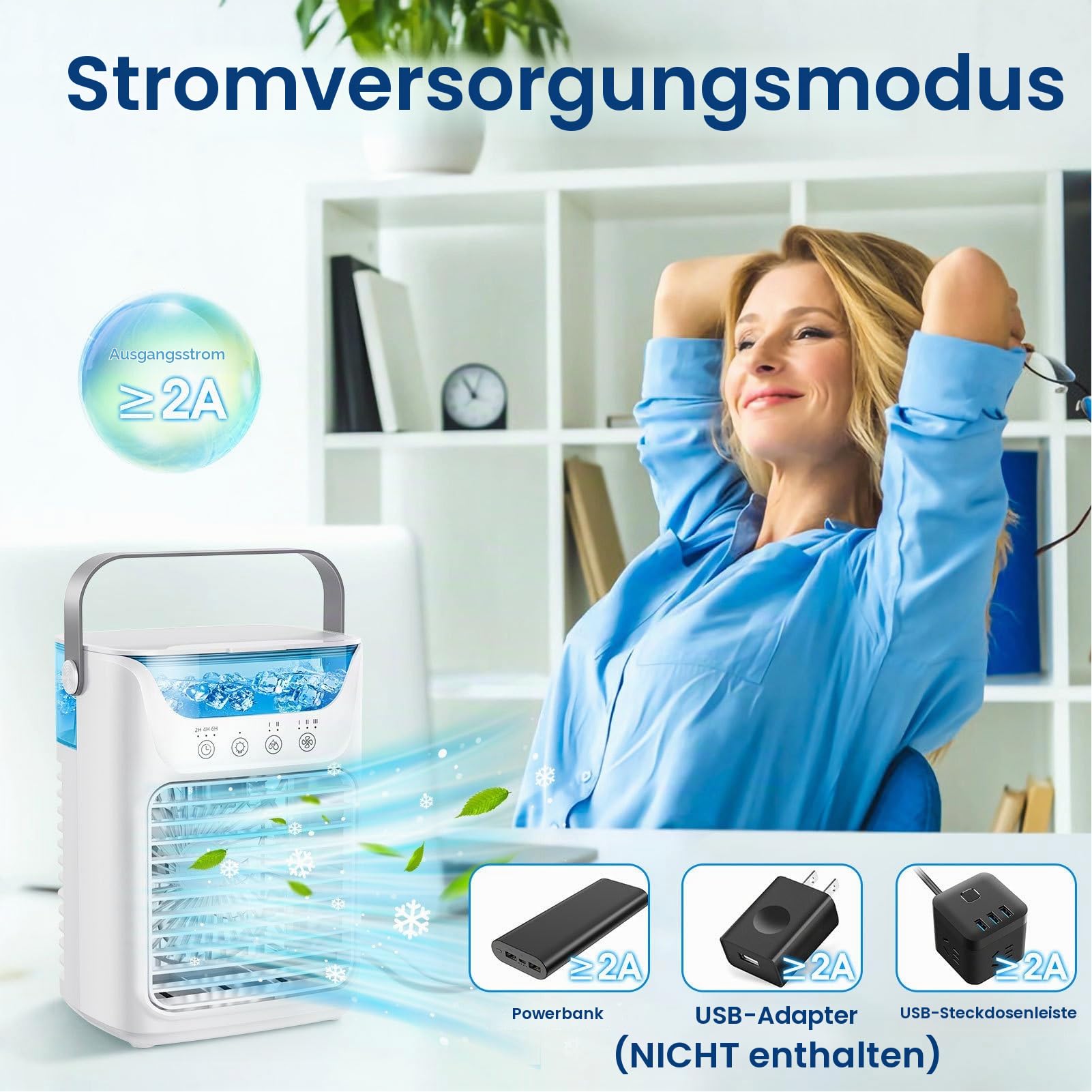 Tragbarer Klimaanlagenventilator, Mini-Luftkühlung Ventilator Luftbefeuchter mit Nachtlicht, 3 Windgeschwindigkeiten, 2 Kaltnebel, 3 automatische Zeitschaltuhr, 700 ml großer Wassertank, für