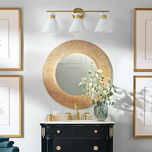 Miniatura 4 de WOSHITU Lámparas de tocador de baño 3 luces de mediados de siglo modernas luces de tocador para baño sobre espejo, iluminación de pared de oro