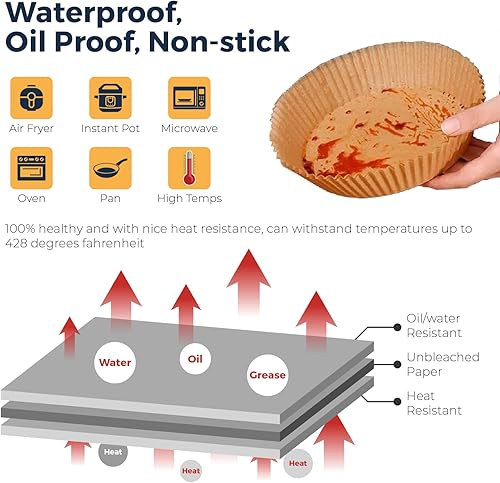 Miniatura 3 de Forro de papel desechable para freidora de aire, 50 piezas de papel pergamino antiadherente para freidora de aire, Lodgisity a prueba de agua,