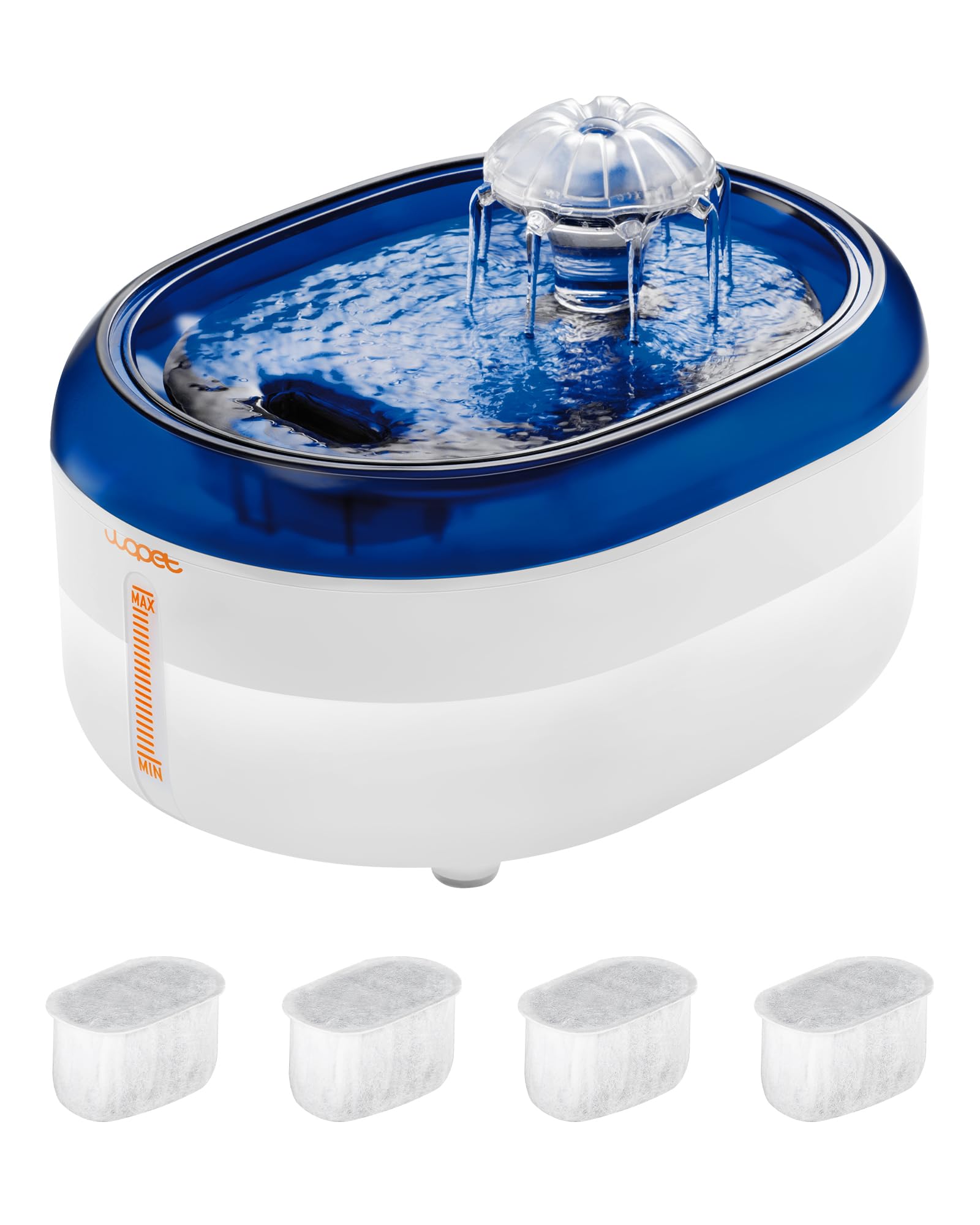 Wopet W300 Fontanella per Gatti con Filtraggio Vero, 2L Dispenser Acqua Gatti Automatico Ultra Silenzioso con Ciotola senza BPA e Filtri a 6 Stadi di Filtraggio(Blu Bianco +4 filtro)