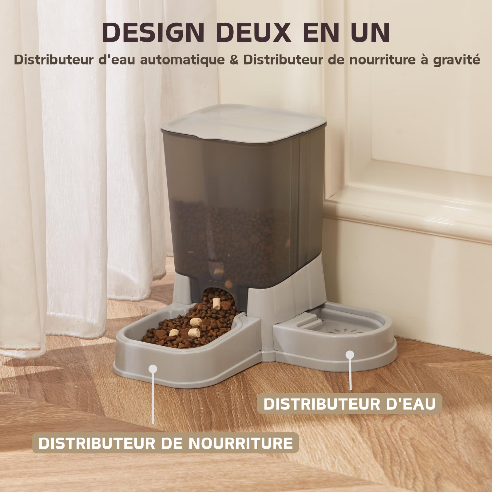 Distributeur Automatique de Nourriture pour Chats, Distributeur d'eau et d'alimentation par gravité Amovible 2 en 1 pour Chats et Petits Chiens (Gris)