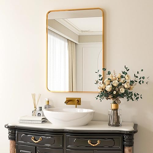 HARRITPURE Espejo de baño redondeado de 20 x 28 pulgadas, espejo de pared rectangular con marco de aleación de aluminio, espejo colgante