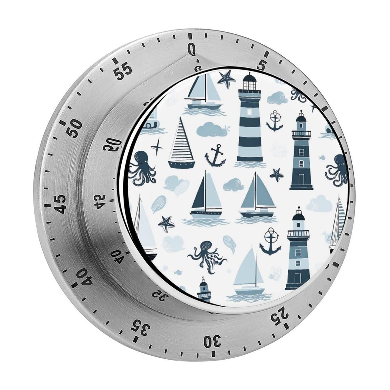 Nautical Lighthouse Sailboat Pattern 60 Minute Wind Up Timer,Visual Mechanical Magnetic Timer with Loud Alarm for Kitchen