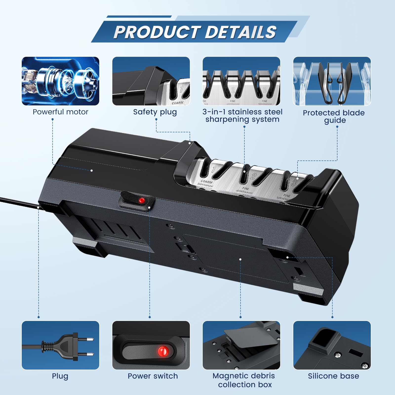 Aiguiseur de Couteaux électrique Professionnel à 3 Niveaux, Disques Diamantés, Protection Contre la Surchauffe, Moteur Silencieux, Affûtage Rapide pour Couteaux de Cuisine