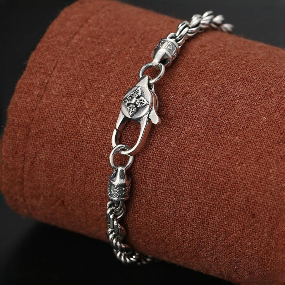 ForFox Pulsera de Cadena de Cuerda Trenzada con Broche Budista de Plata de Ley 925 Vintage para Hombre Mujer 4mm 18/20cm