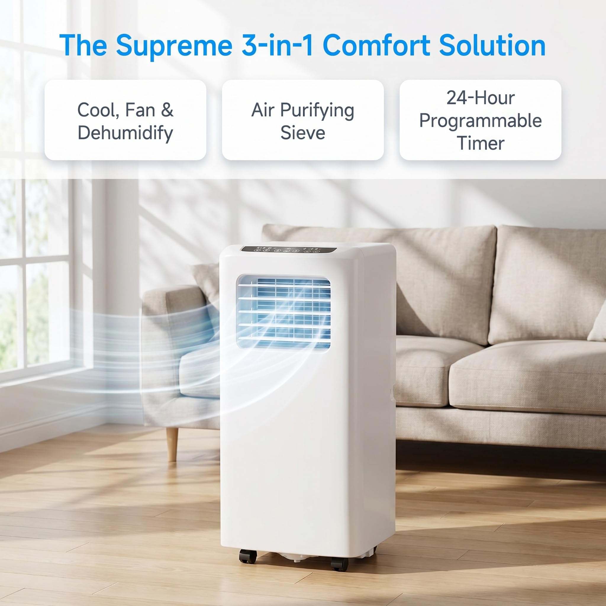 Przenośny klimatyzator, 10000 BTU Smart AC z pilotem i zestawem okiennym, ciche chłodzenie 48 dB do biura, bez ściany