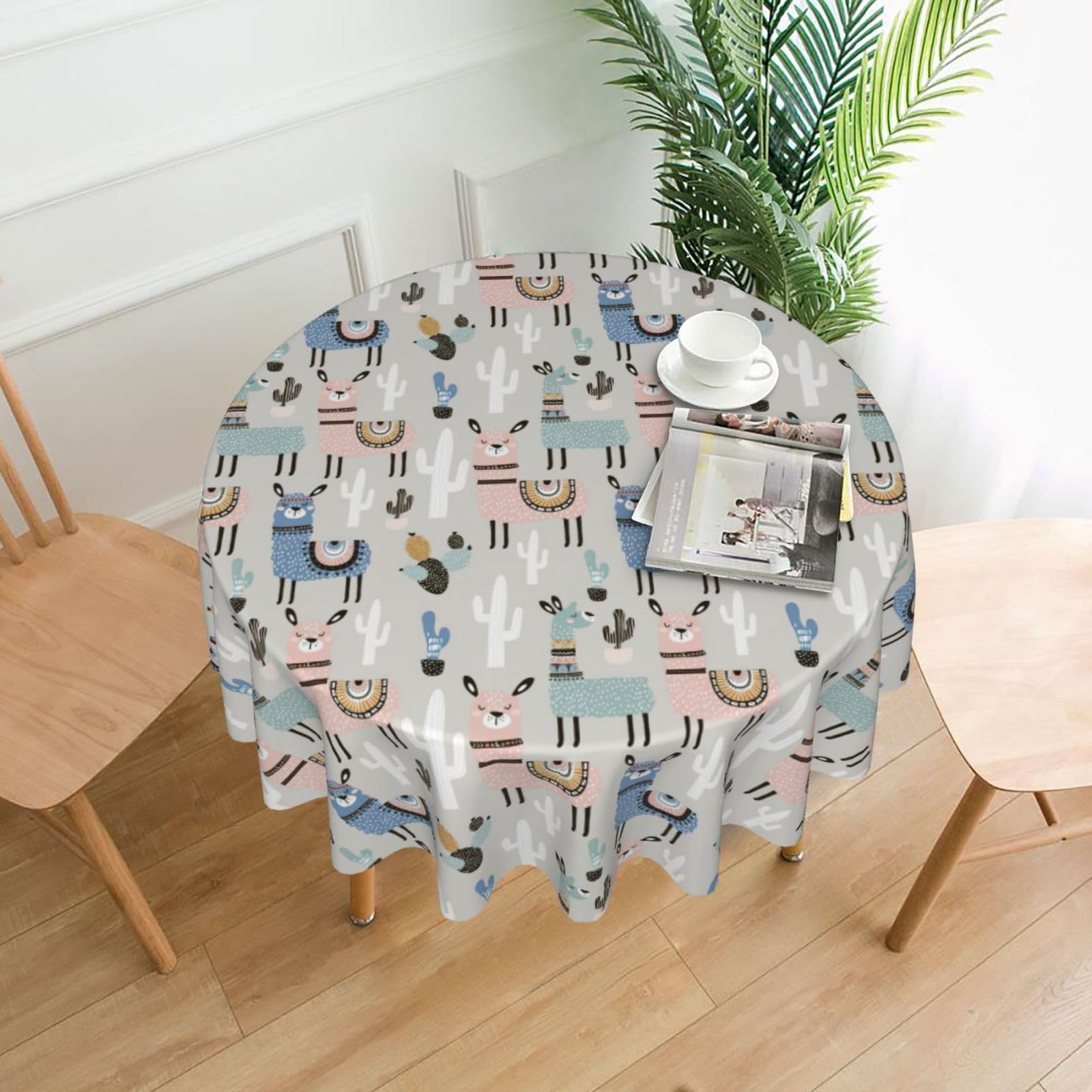 OXbnmm Llama Cactus Print Soft Round Tablecloth 60in Polyester Washable Cover Cozy Gift for Mom Housewarming