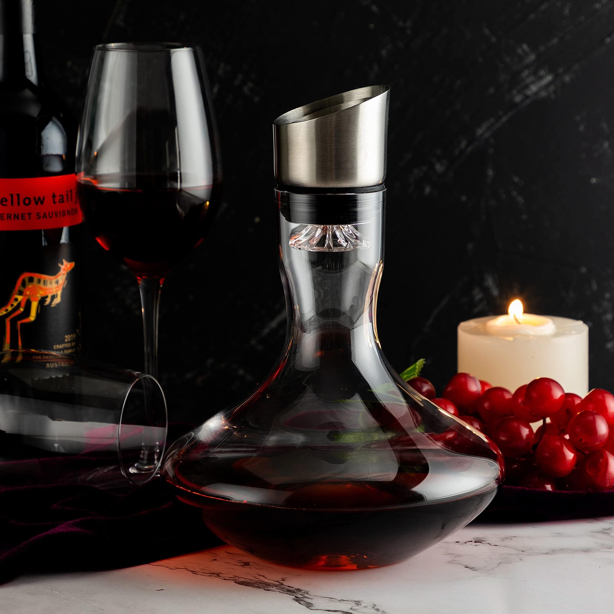 Carafe à vin rouge avec aérateur intégré, 100 % verre en cristal soufflé à la bouche sans plomb avec couvercle en acier inoxydable, filtre, cadeau de vin pour homme