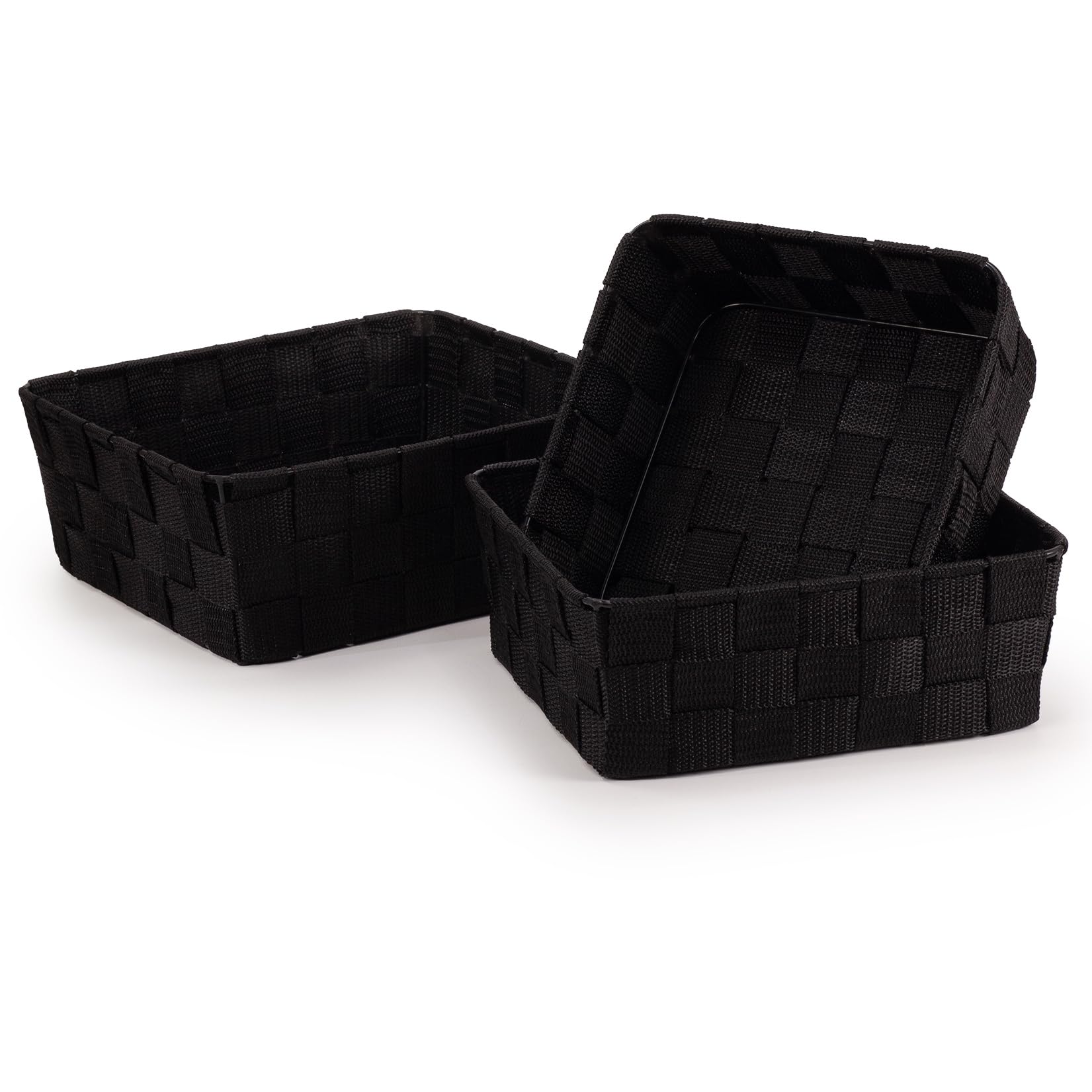 EHC Polypropylene Set of 3 Nestable Storage Boxes, Empty Basket for Gift, Baskets for Shelves, Hand-Woven Storage Box, Display Hamper, Storage Organiser for Bedroom Bathroom Home or Office - Black