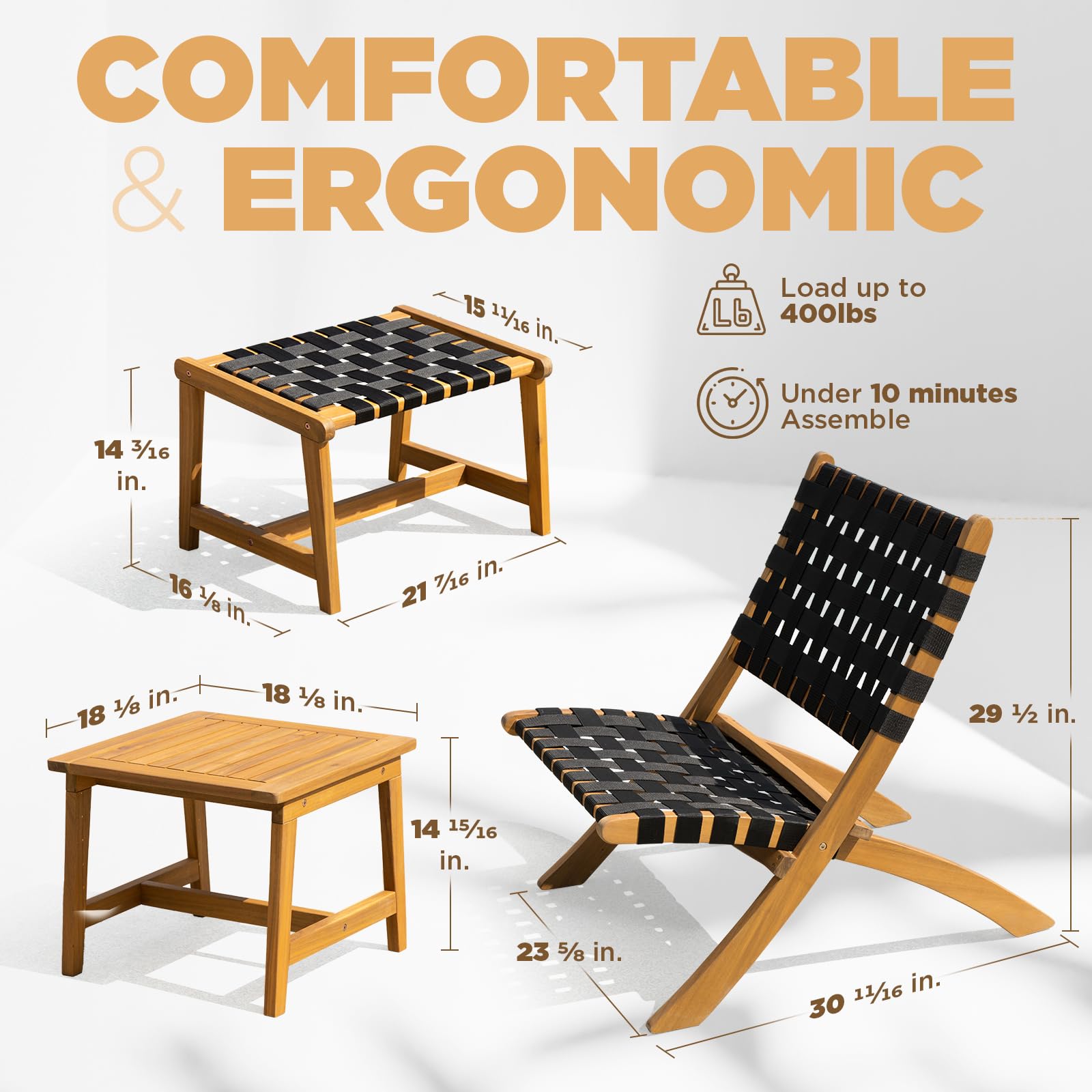 Juego de 5 piezas de bistró de patio con diseño reclinable plegable y resistente, capacidad de 400 libras, con otomanas para exteriores 5