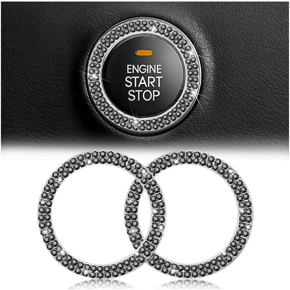 Car Bling Crystal Rhinestone Engine Start Ring Decals, 2 Pack Car Push Start Button Cover/Sticker, Key Ignition Knob Bling Ring, Sparkling Car Interior Accessories for Women (Double Black)