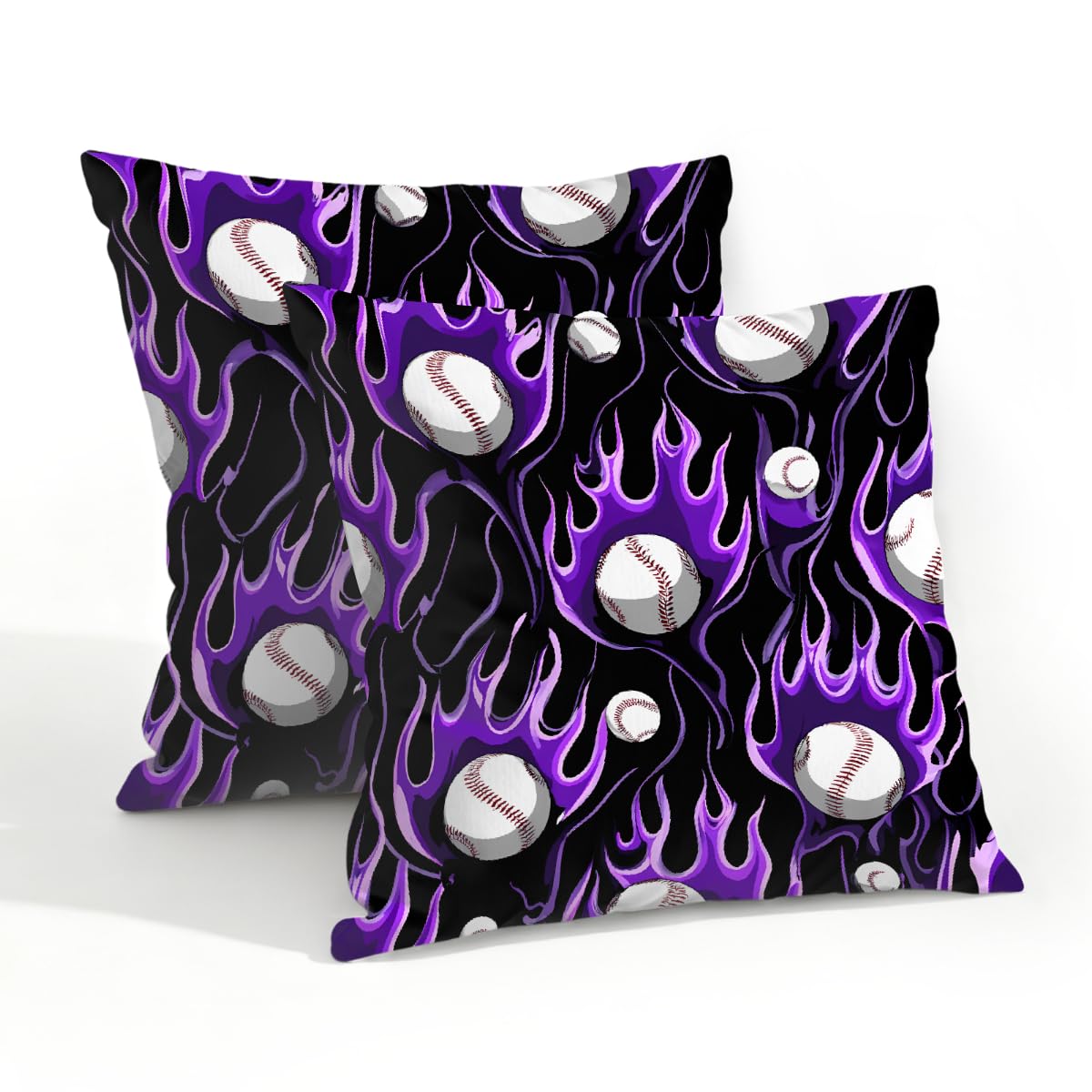 Outdoor Pillow Covers Waterproof Pillowcases 20x20in Set of 2 Purple Flaming Baseball Sports Decorative Throw Cushion Case for Couch Sofa Garden Patio Furniture