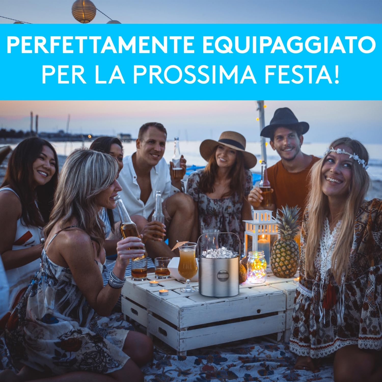 SilverRack - Contenitore per cubetti di ghiaccio in acciaio INOX, con coperchio e pinza per frutta e ghiaccio, ideale per picnic, feste o matrimoni, 1. Basic