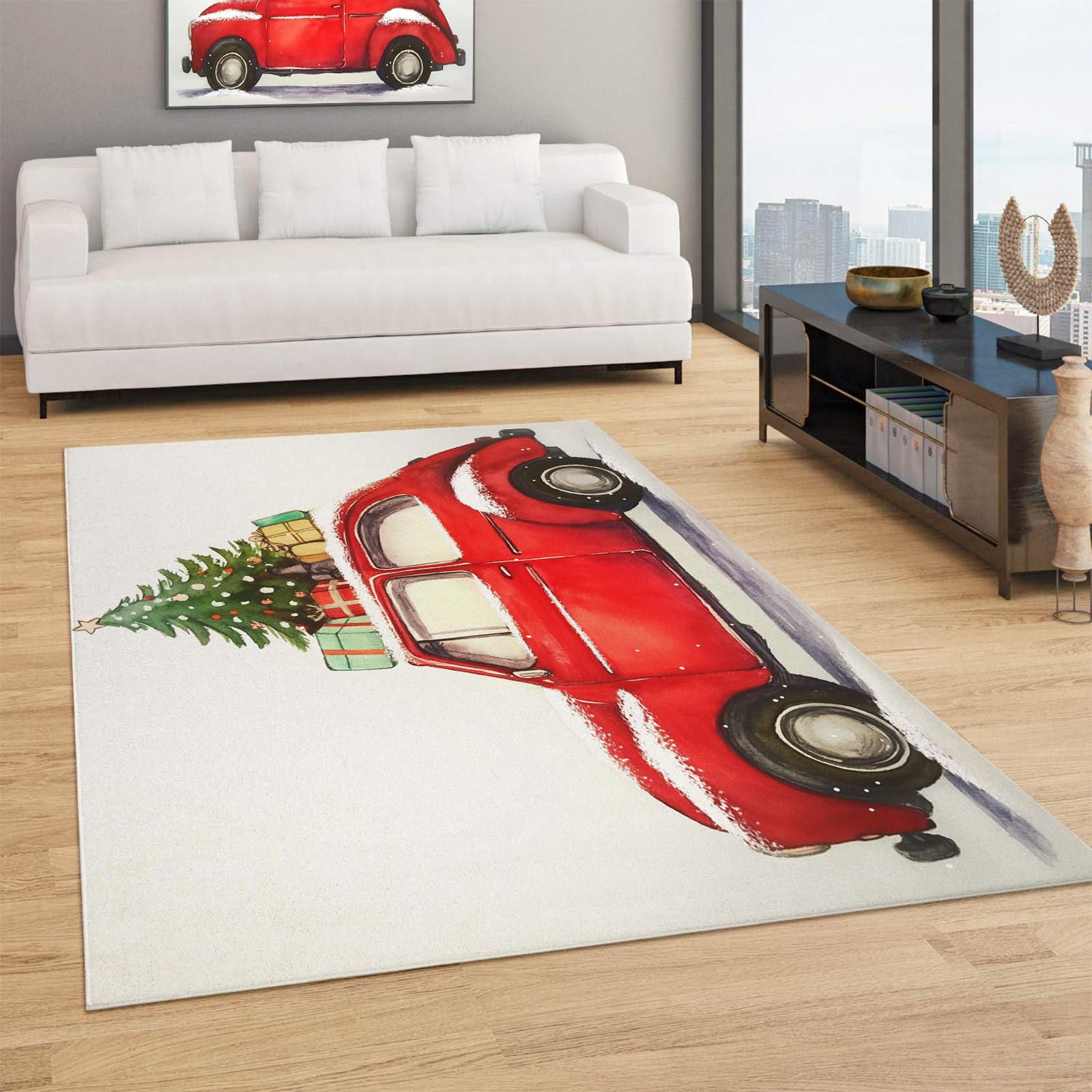 Tapis de salon sapin de Noël en voiture rouge antidérapant grand format