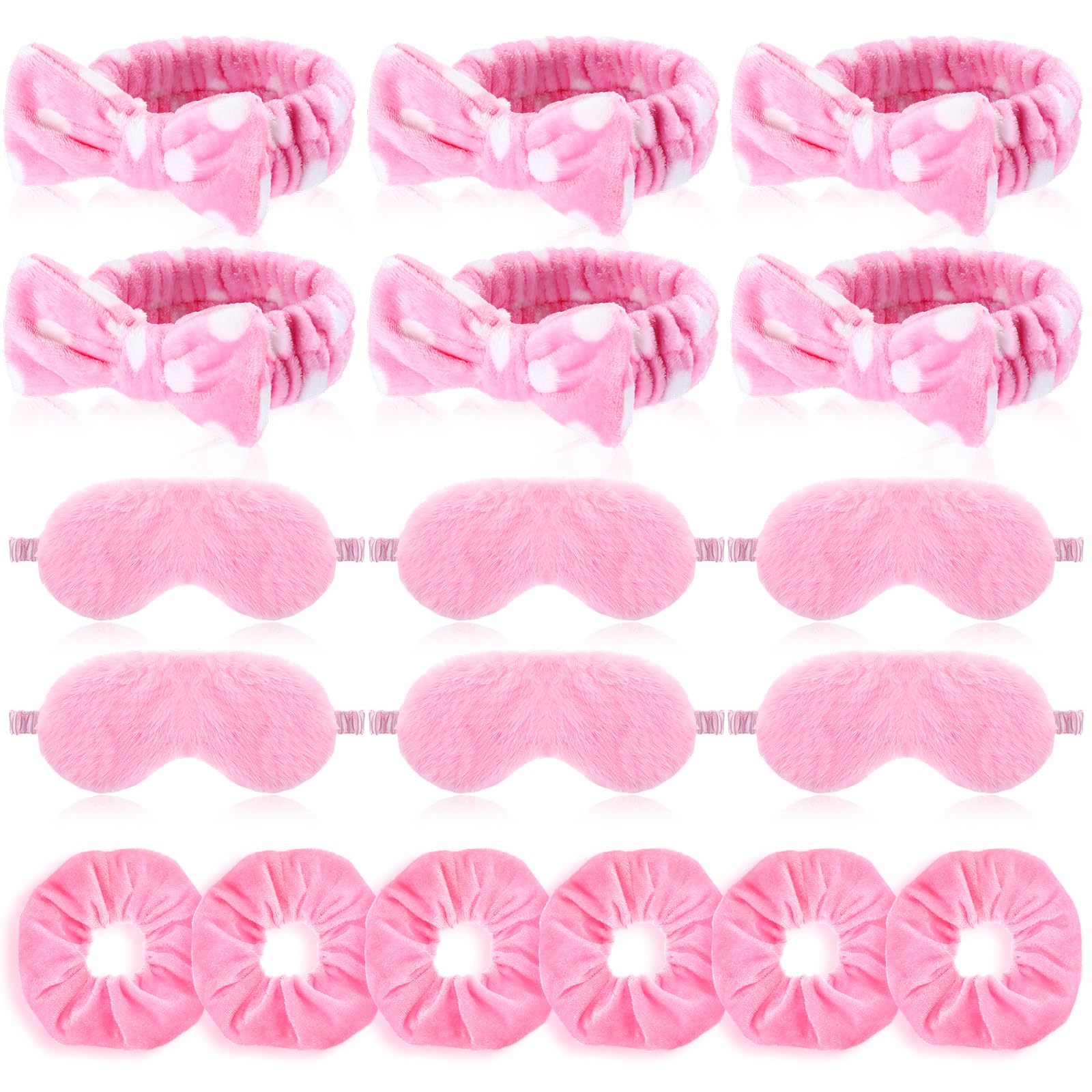 Maiteenly 18 Pcs Sleepover Party Supplies Include 6 Bow Spa Headbands, 6 Eye Mask and 6 Velvet Scrunchies Pink Party Favors for Women Makeup Gift