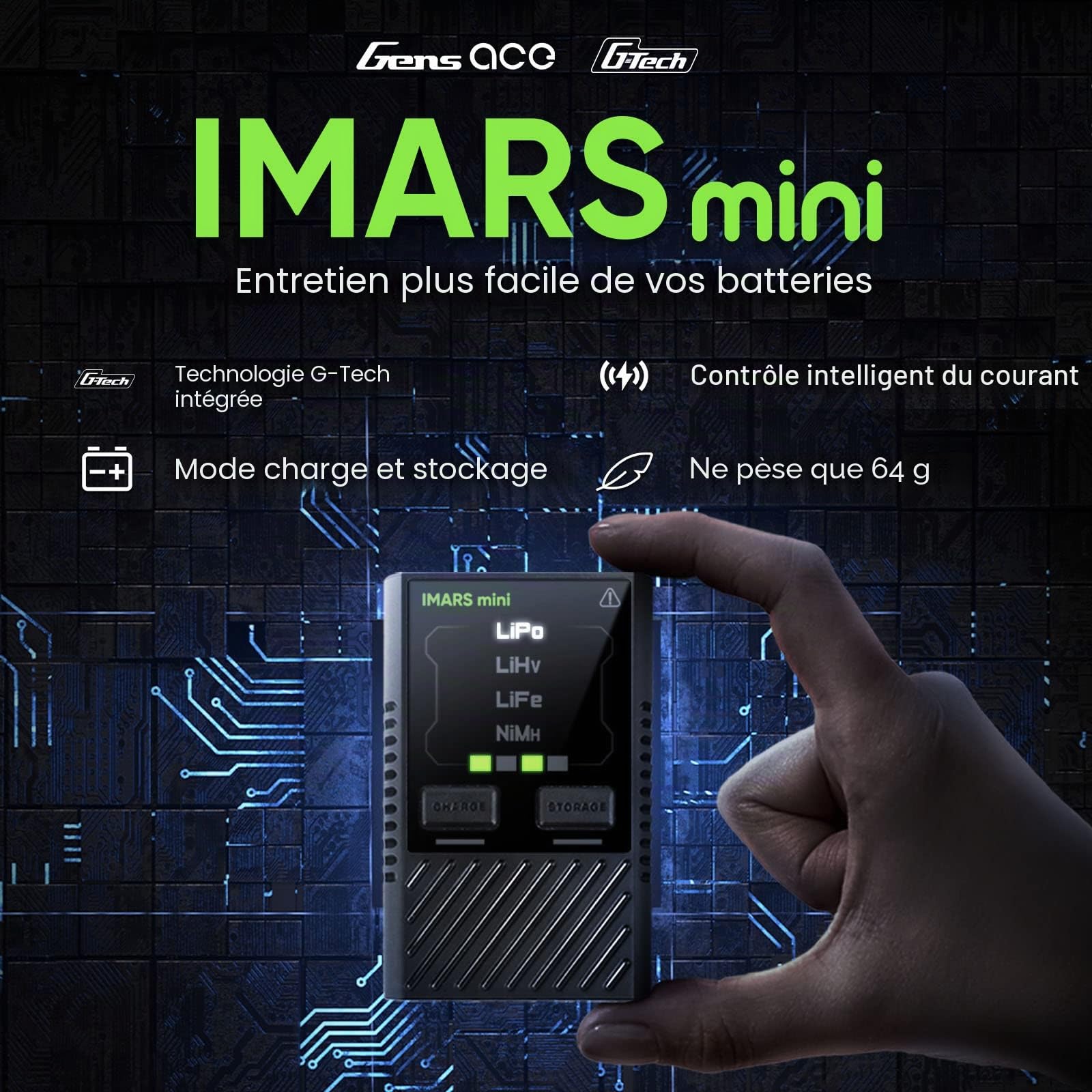 GensAce iMars Mini Chargeur Batterie RC 60W 5A USB-C pour Batteries LiPo 2-4S avec Adaptateur d'alimentation et Câble Adaptateur (EU)