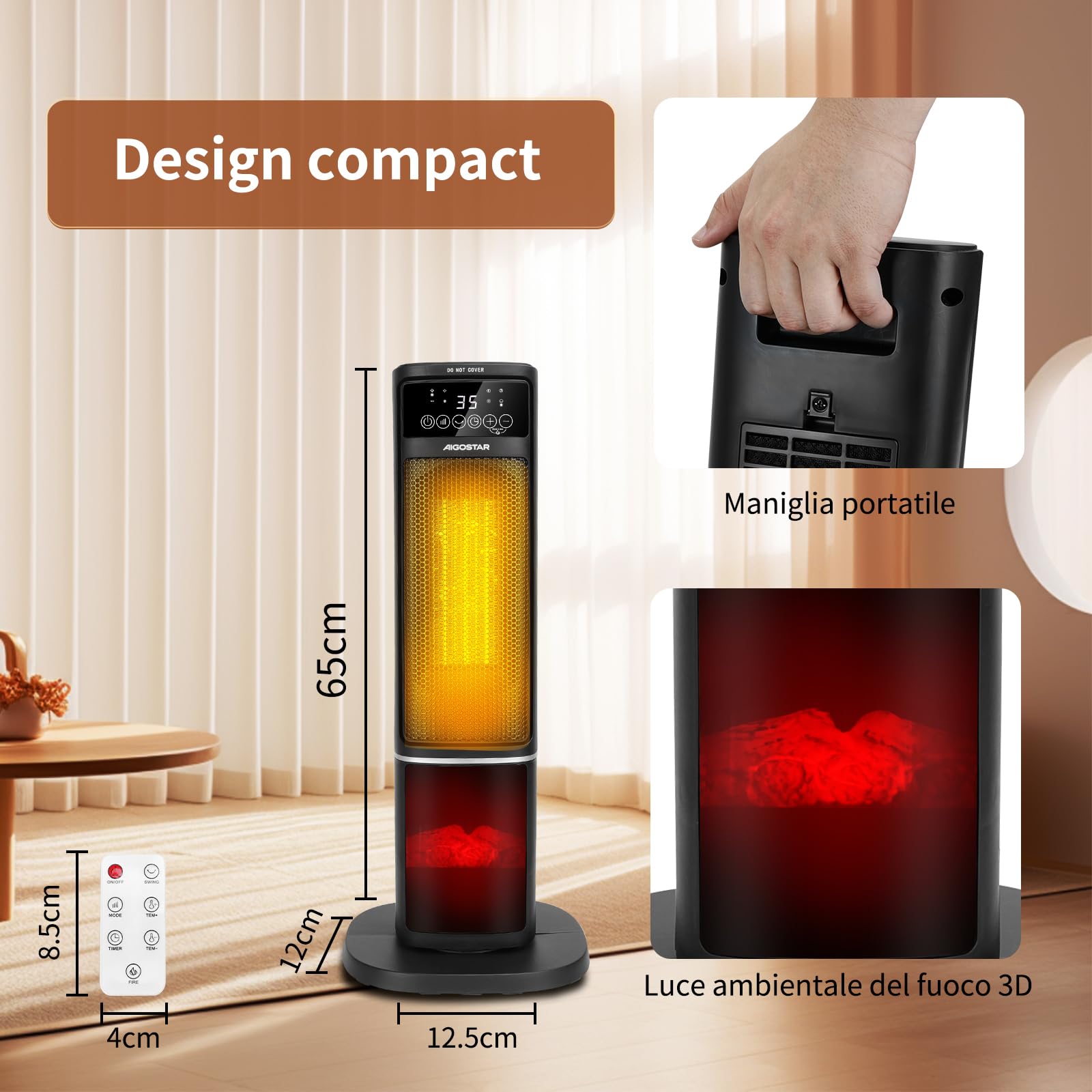 Aigostar Bert - Termoventilatore Ceramico Stufa Elettrica a Torre Silenziosa Riscaldatore elettrico con Telecomando 3 Modalità Termostato Regolabile, Timer 7.5h Oscillazione di 70 ° 2000W Nero