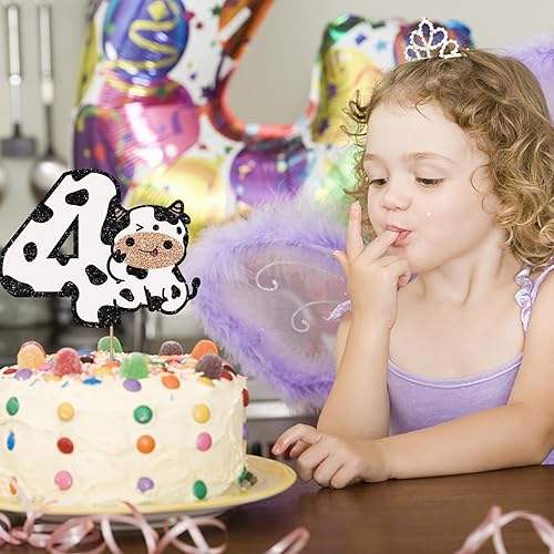 Miniatura 7 de Decoración para pastel de 4 cumpleaños de vaca con purpurina blanca, decoración de pastel de vaca sagrada con texto en inglés "I'm Fow" para niños y