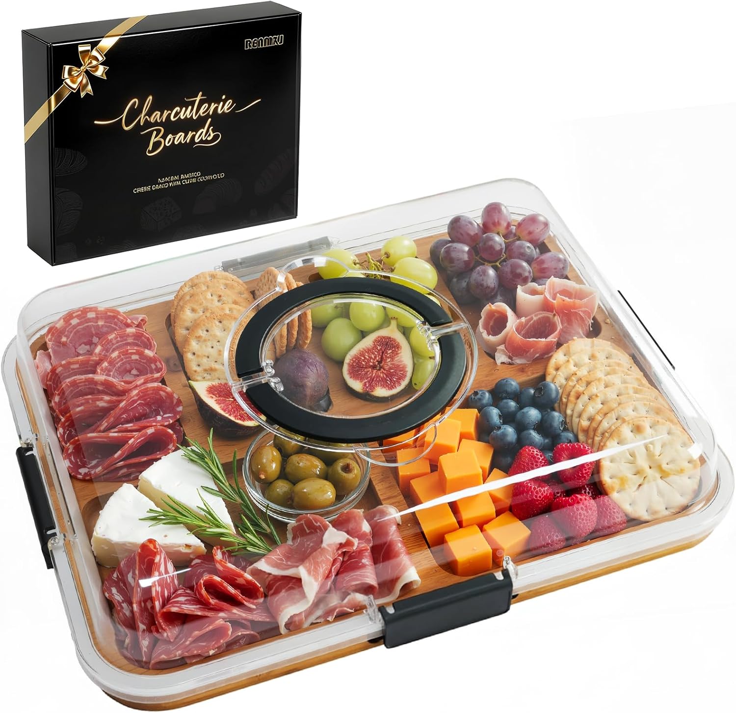 Renmxj Charcuterie Board with Clear Lid, Travel Portable Cheese Board Charcuterie Boxes Cutting Board for Kitchen, House Warming Gifts New Home, Gifts for Women (6 Compartments Carbonized Bamboo)