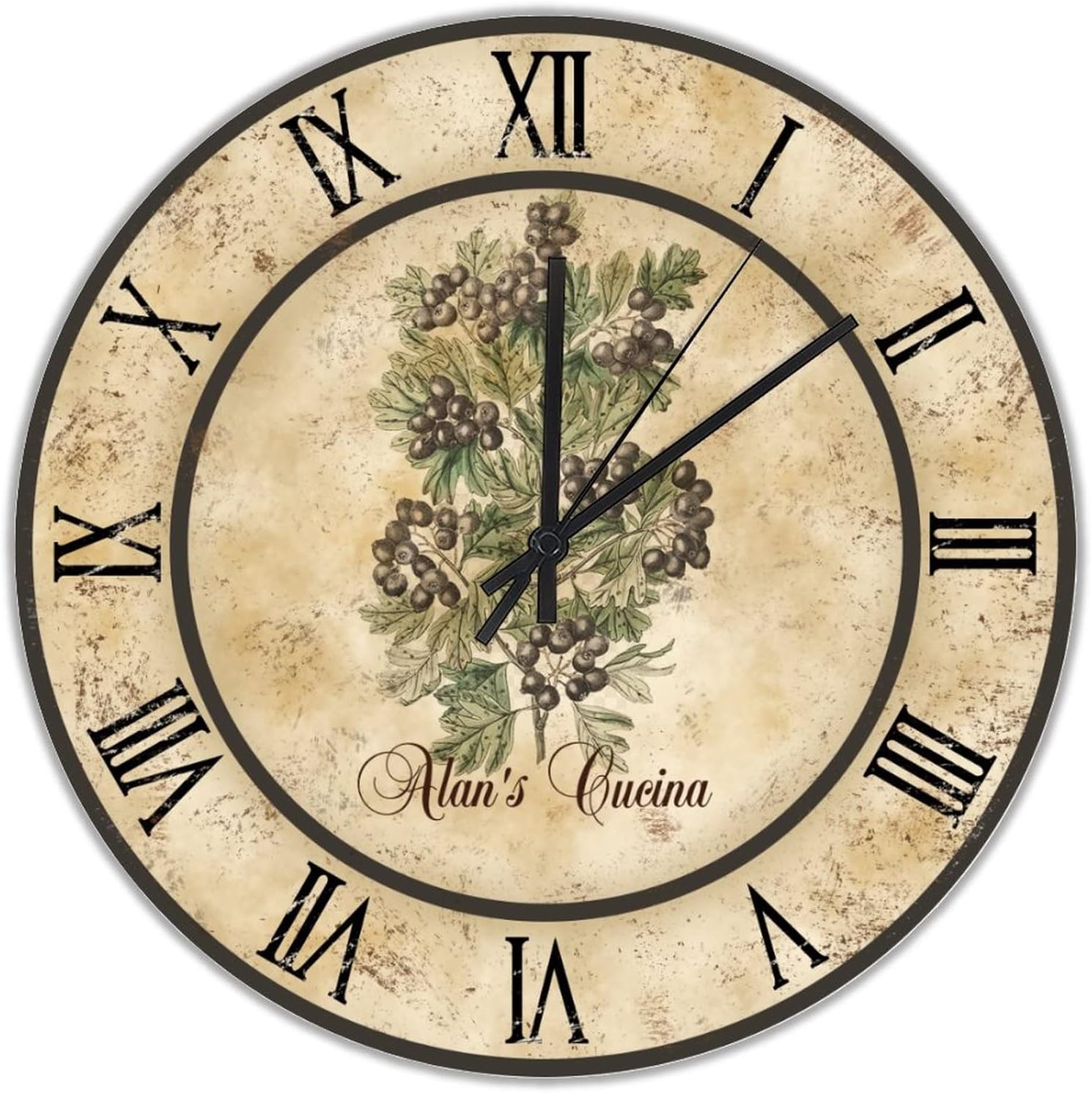 Raspberry Cucina Personalized Wood Wall Clocks Fruit Vegetable Round Clock Battery Operated Non-Ticking Sweep 15 inch Rustic Chic Farmhouse Wall Clock for Living Room Kitchen Home Bathroom Bedroom