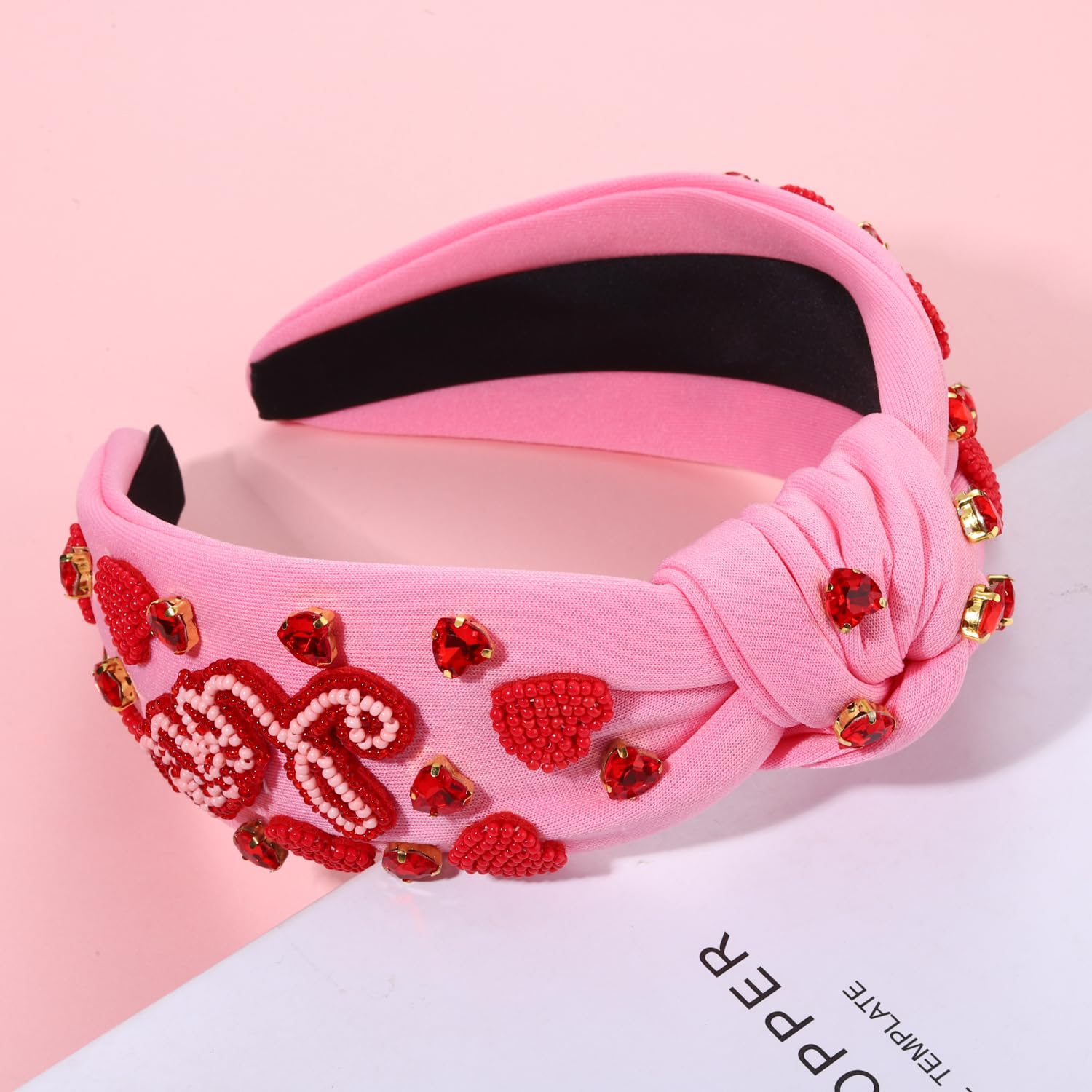 Heart Headband for Women Valentine's Day Knotted Headband Beaded Rhinestone Heart Hairband Crystal Galentines Day Top Knot Head Band Valentine's Day Hair Accessories Holiday Gifts - Image 5