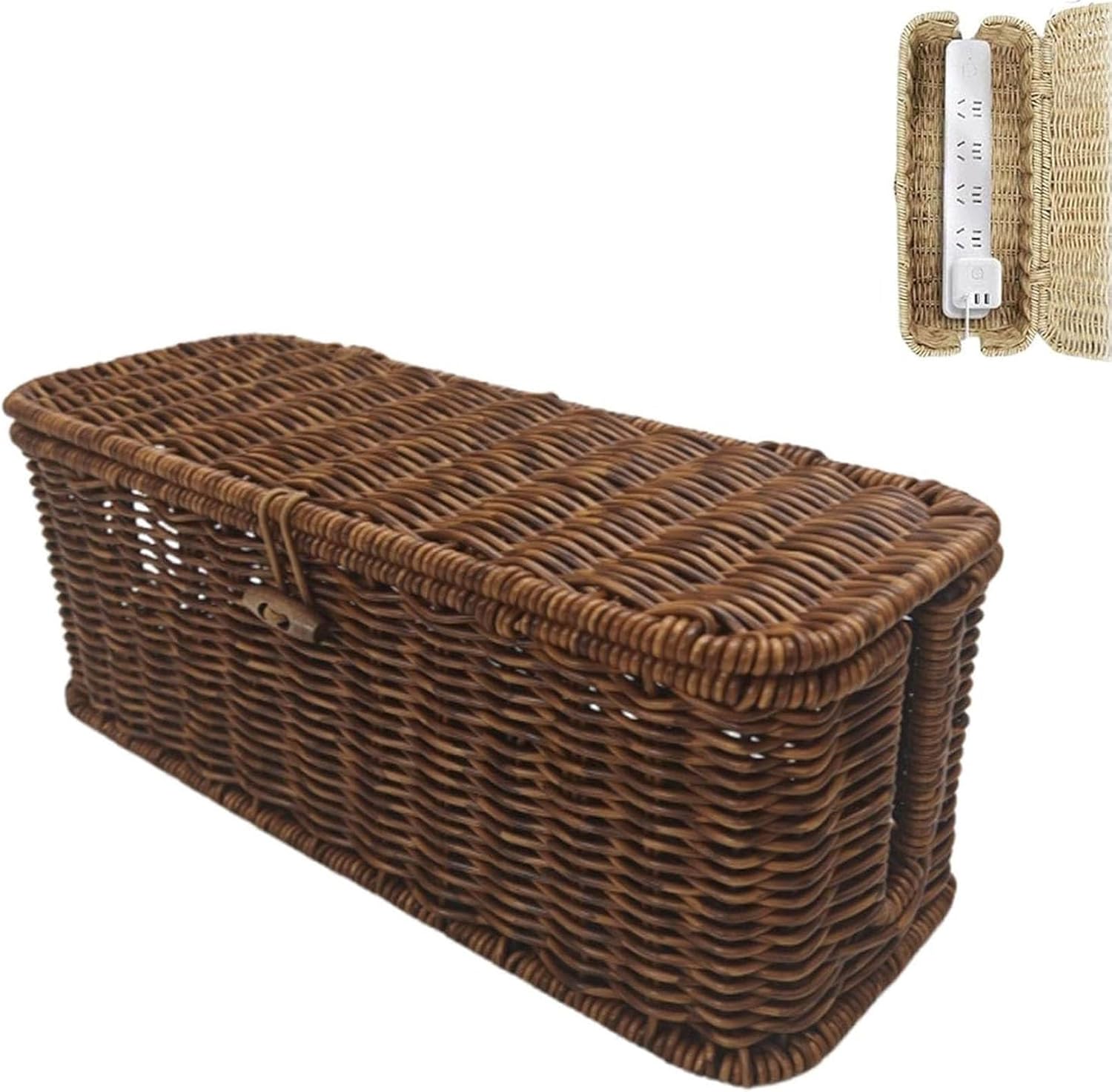 Handwoven Rattan Cable Management Box, Decorative Cord Organizer with Safety Lock, Basket to Hide Cords, 2 Side Open for Power Strips & Chargers (Brown, M)