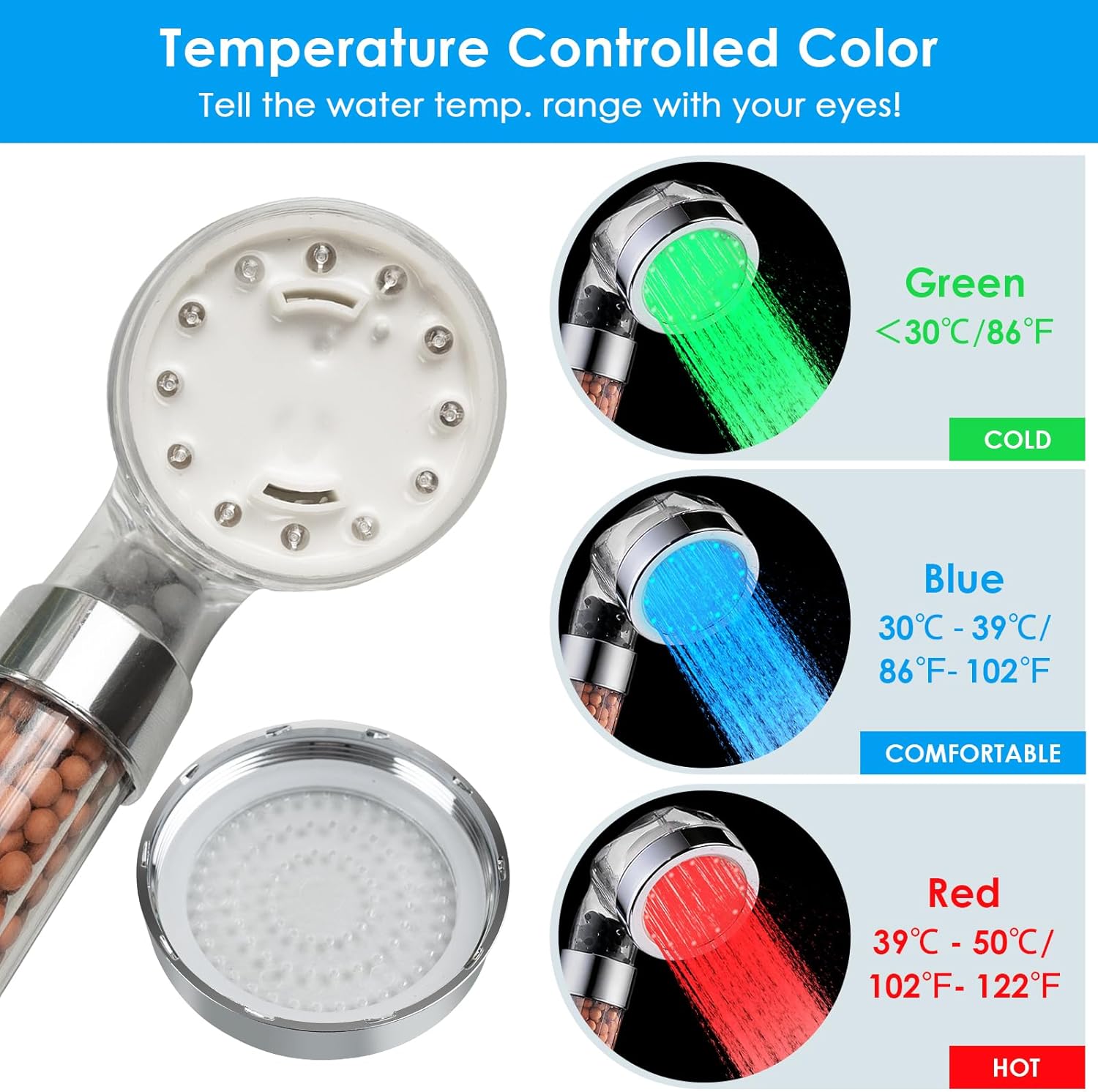 Temperature Controlled 3-color Changing Shower Head Kit, Water