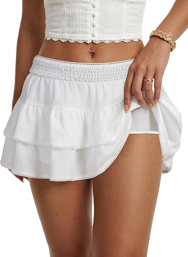 LYANER Women's Smocked Layered Boho Mini Skirts White X-Large